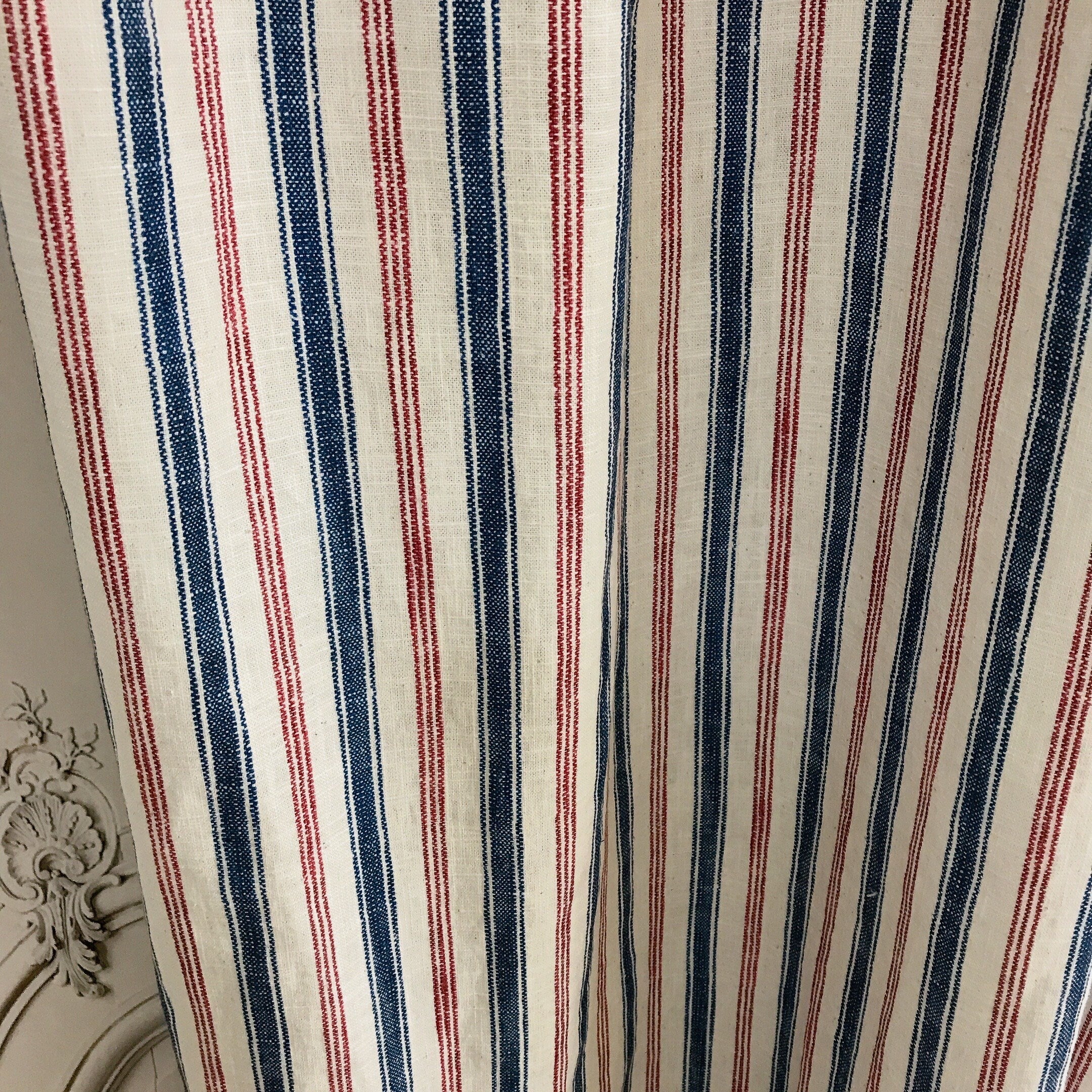 Red Blue Stripe Curtain on Natural White
