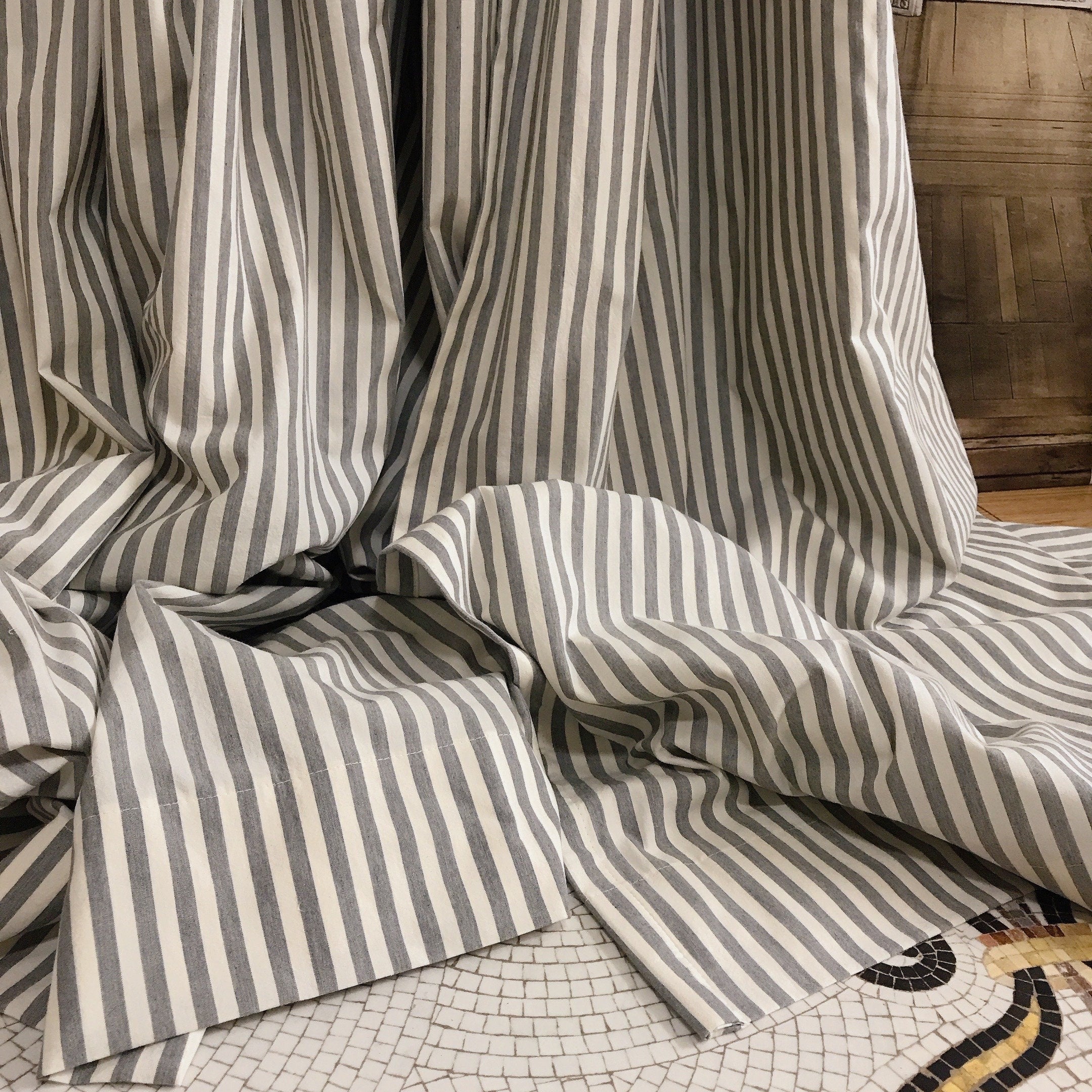 Faded Grey Stripe Curtain on Ivory