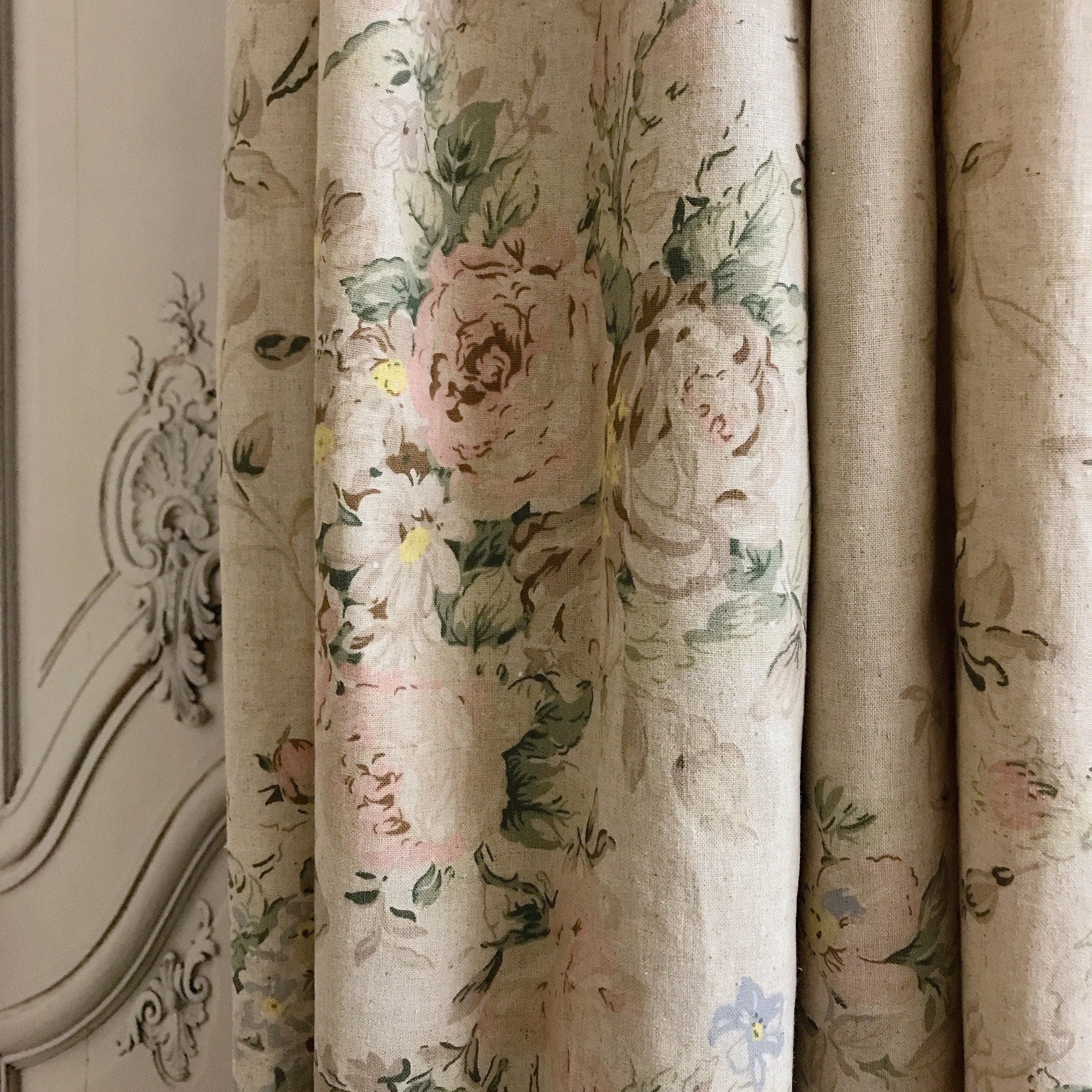 Muted Pink and Brown Floral Curtain on Natural Beige