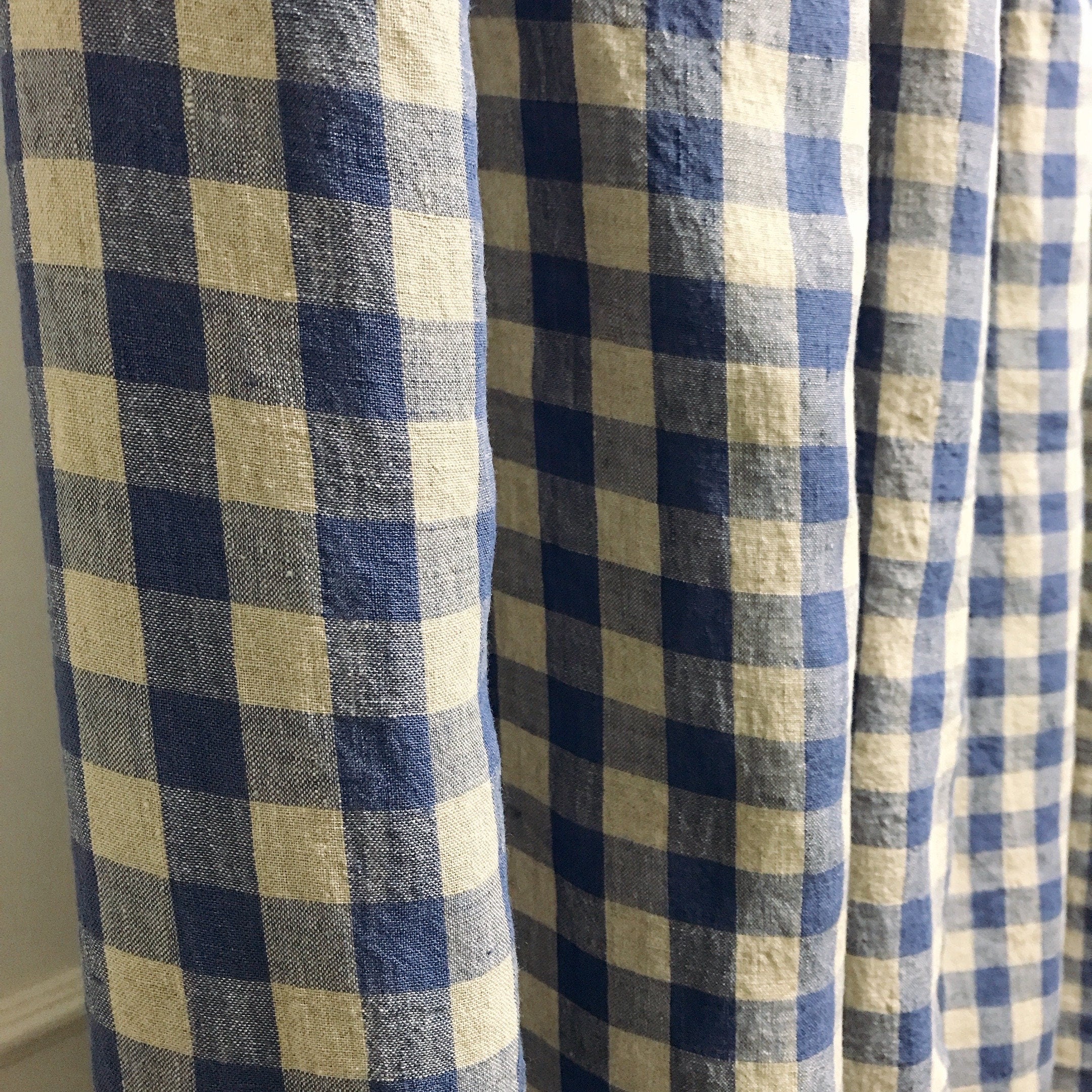 Dusty Periwinkle and Natural Beige Gingham Linen Curtain