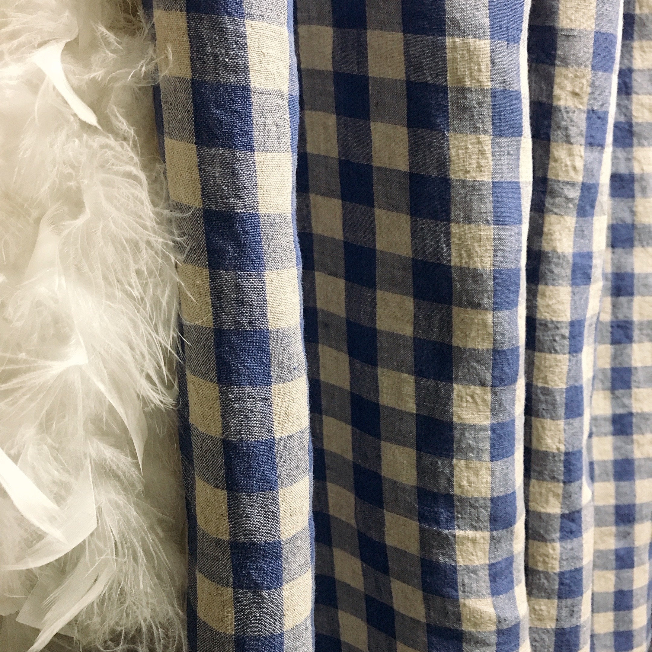 Dusty Periwinkle and Natural Beige Gingham Linen Curtain