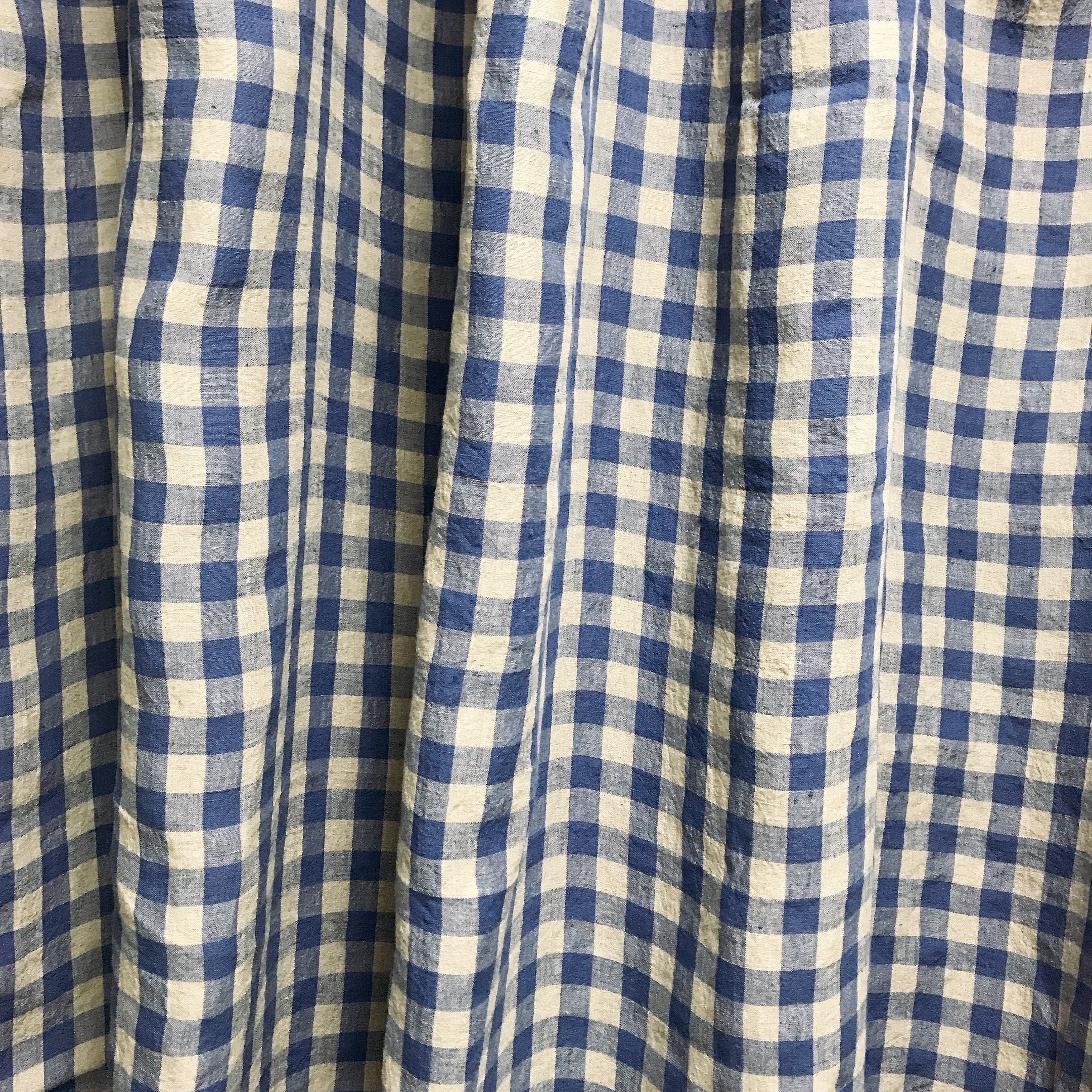 Dusty Periwinkle and Natural Beige Gingham Linen Curtain