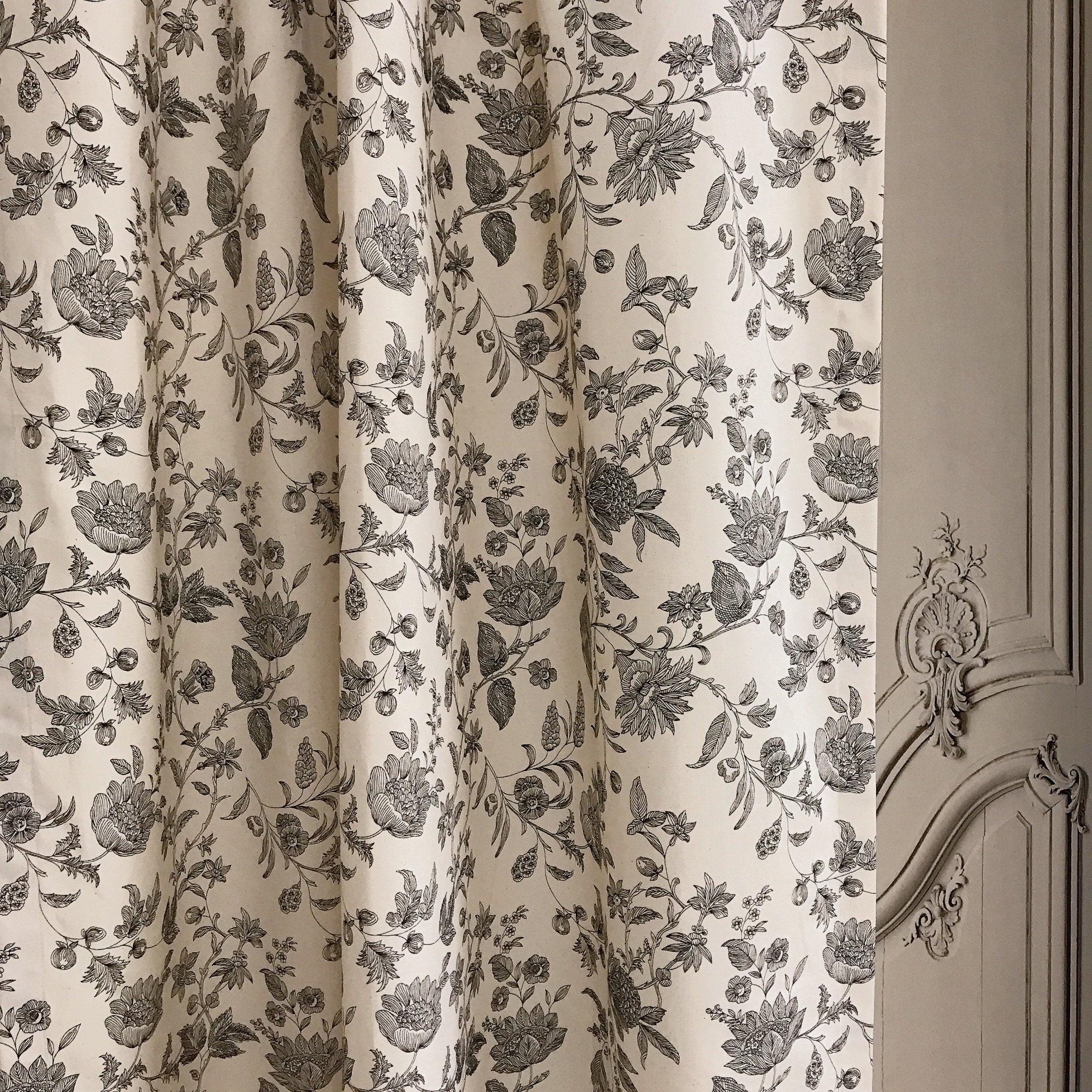 Black Floral Curtain on Natural Beige