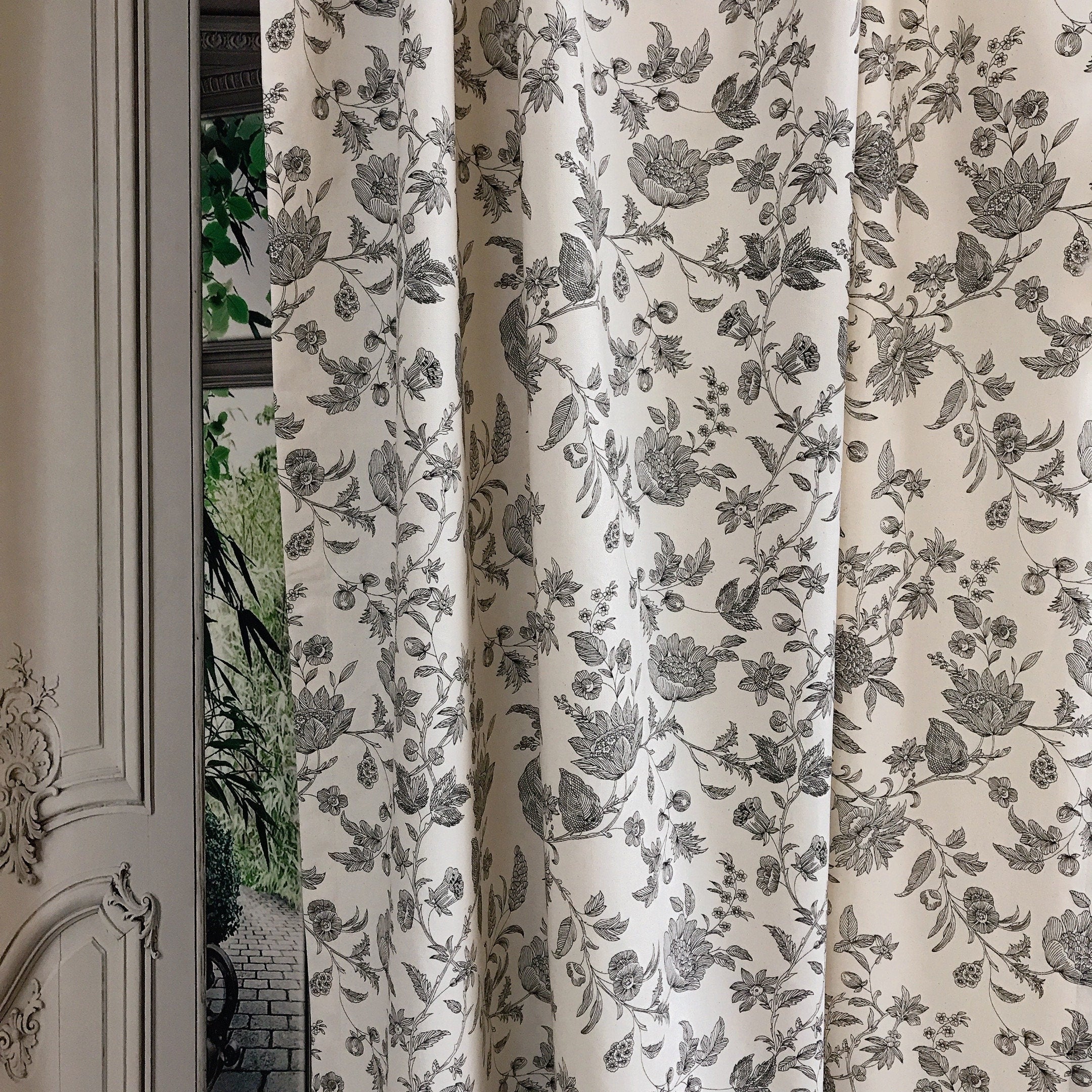Black Floral Curtain on Natural Beige