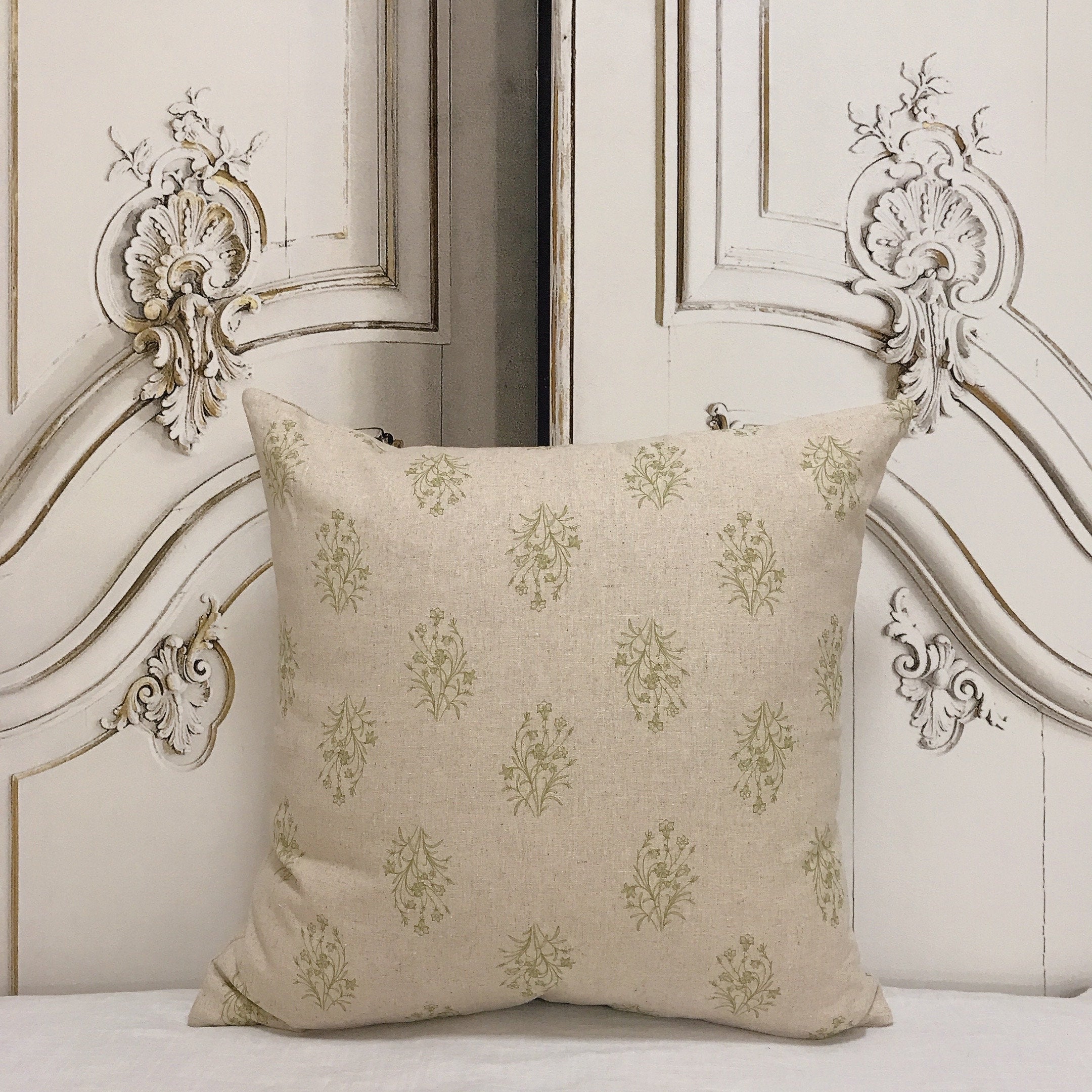 Olive Green Floral Cushion Cover on Natural Beige