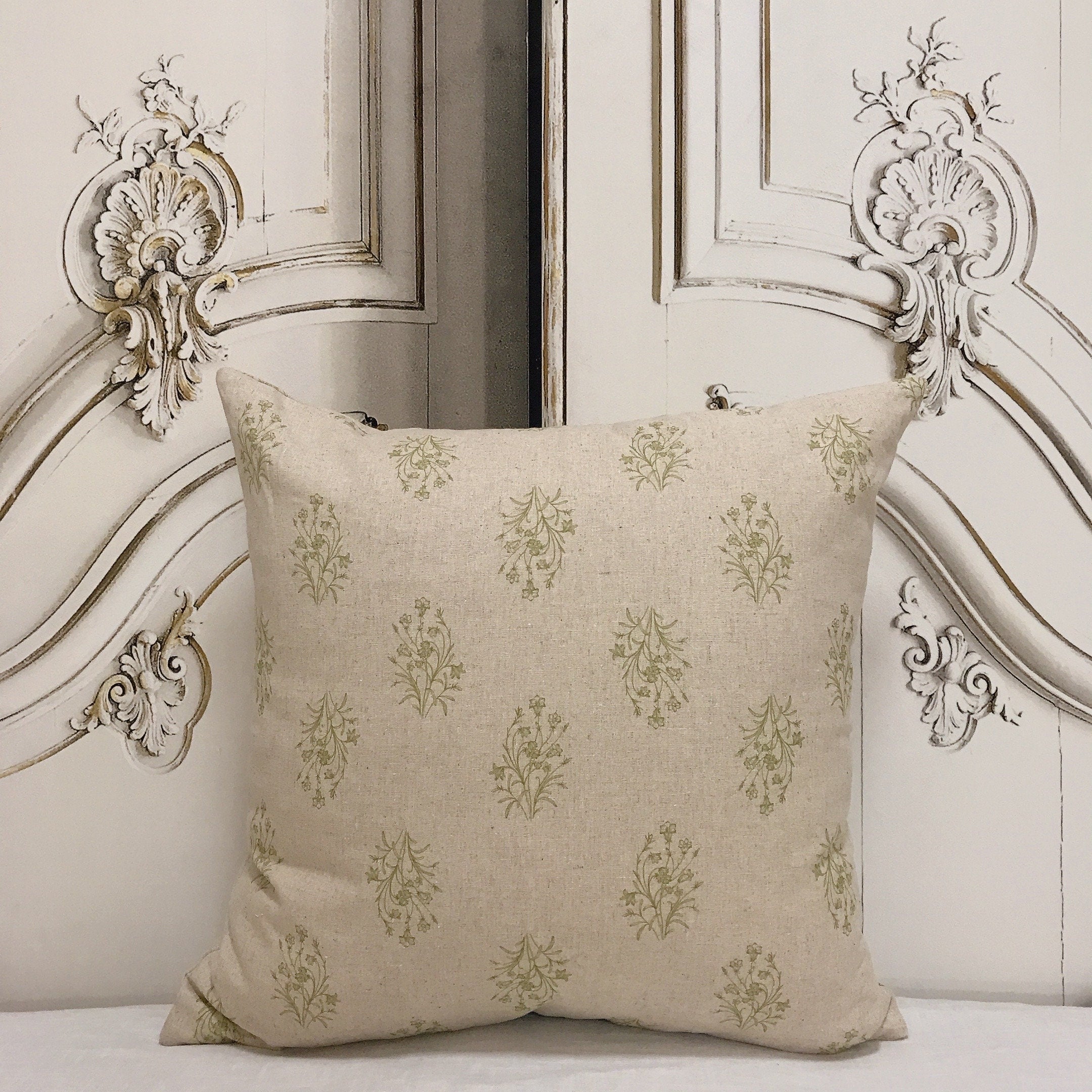 Olive Green Floral Cushion Cover on Natural Beige