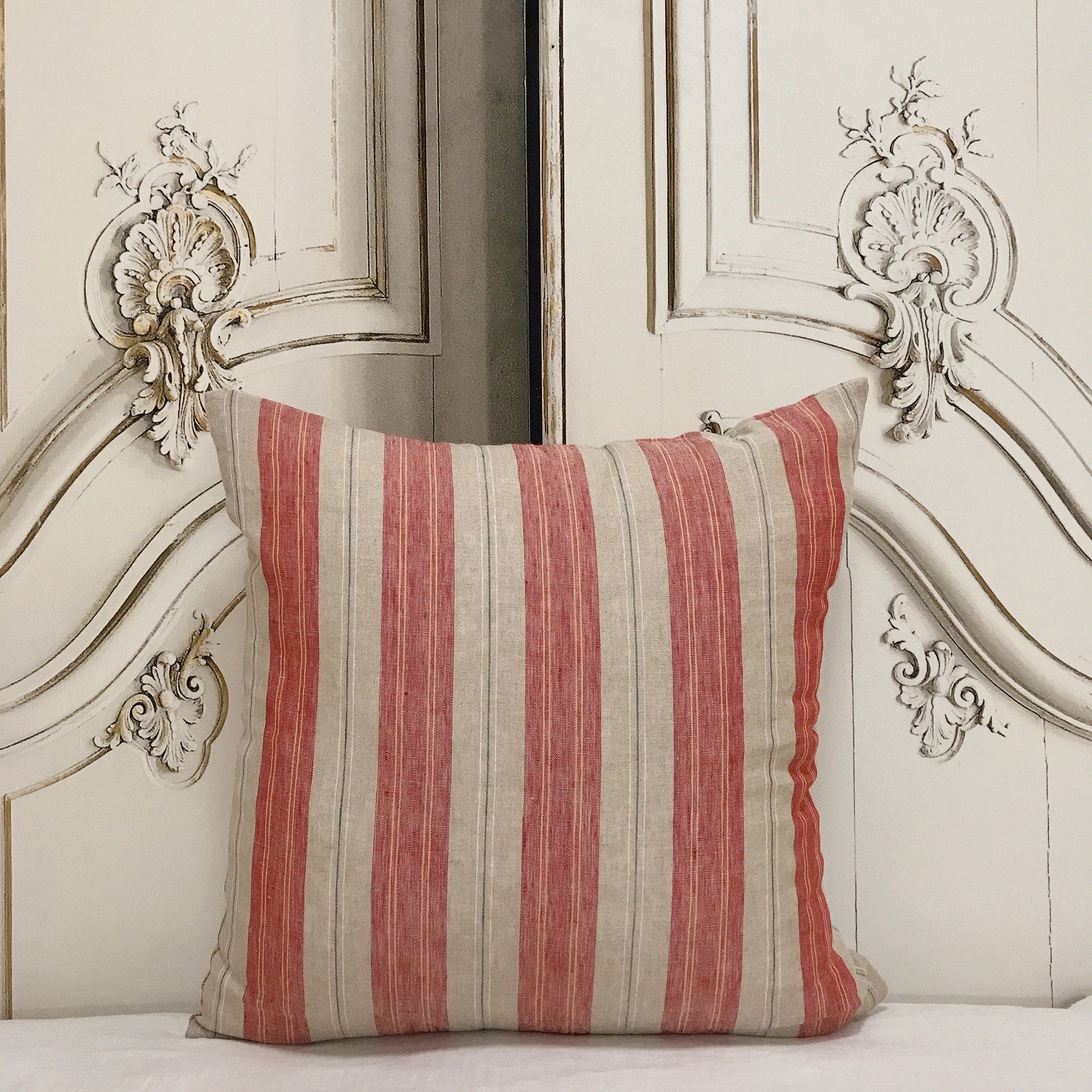 Red Yellow Orange Vertical Stripes Cushion Cover on Natural Beige