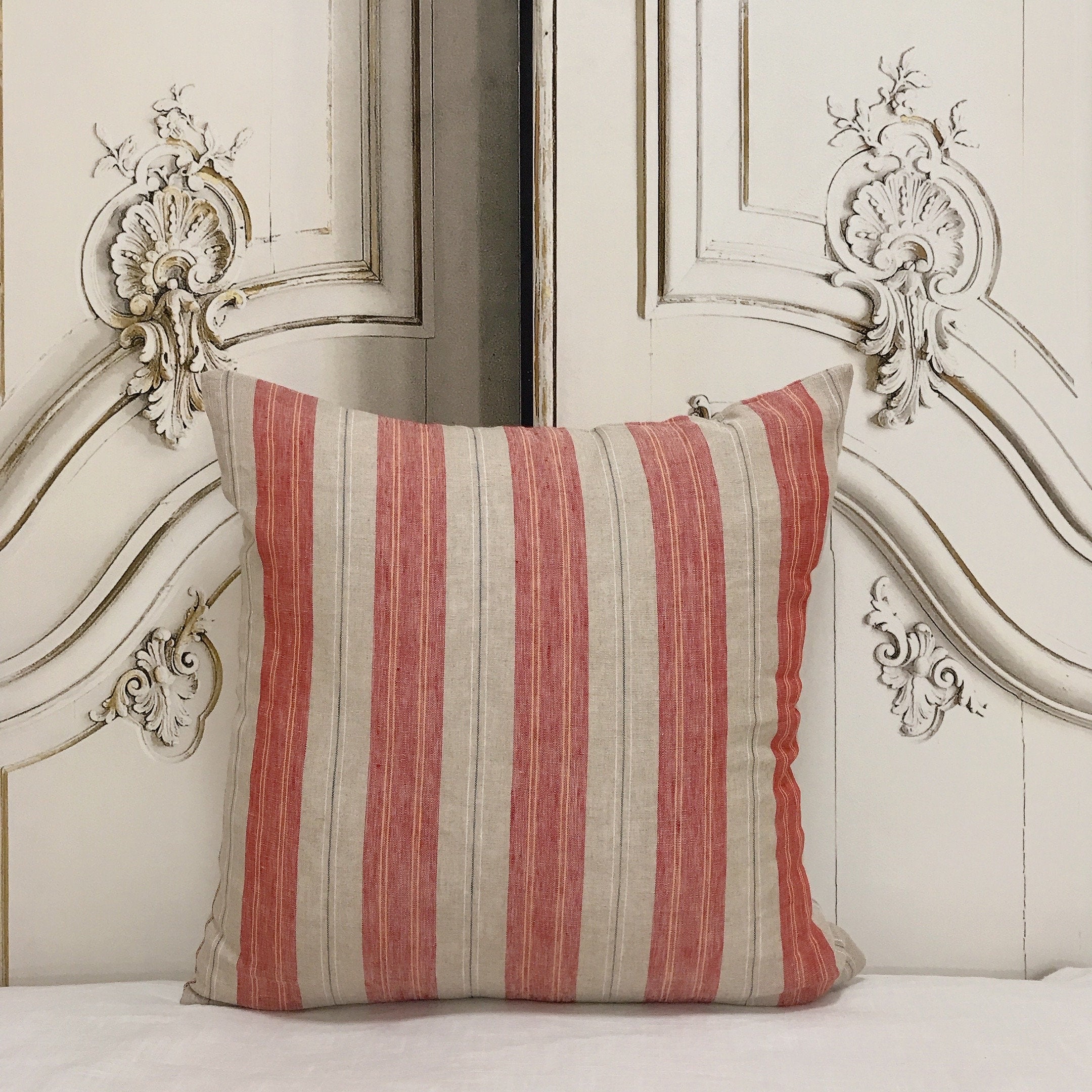 Red Yellow Orange Vertical Stripes Cushion Cover on Natural Beige