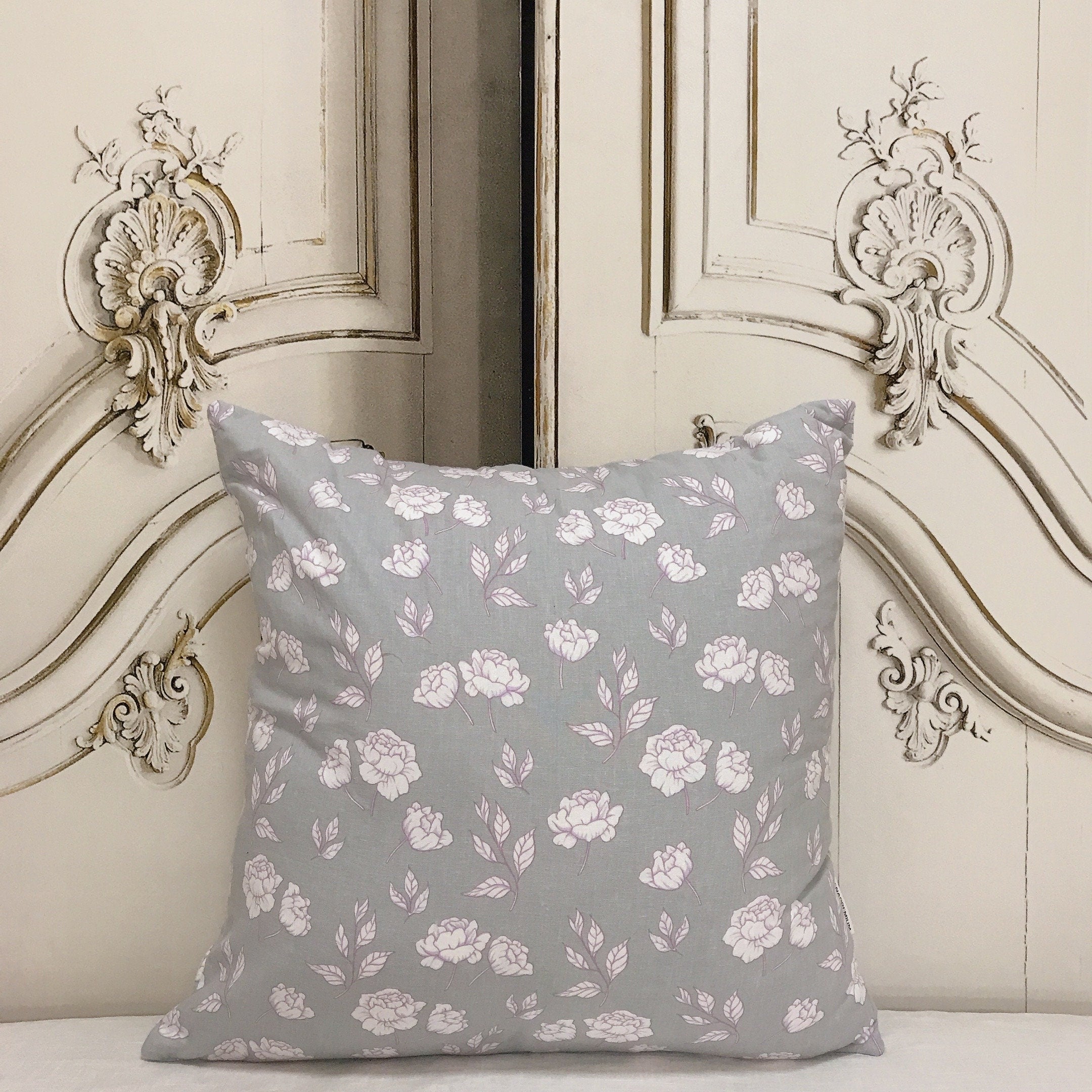 Ivory and Purple Floral Cushion Cover on Soft Grey