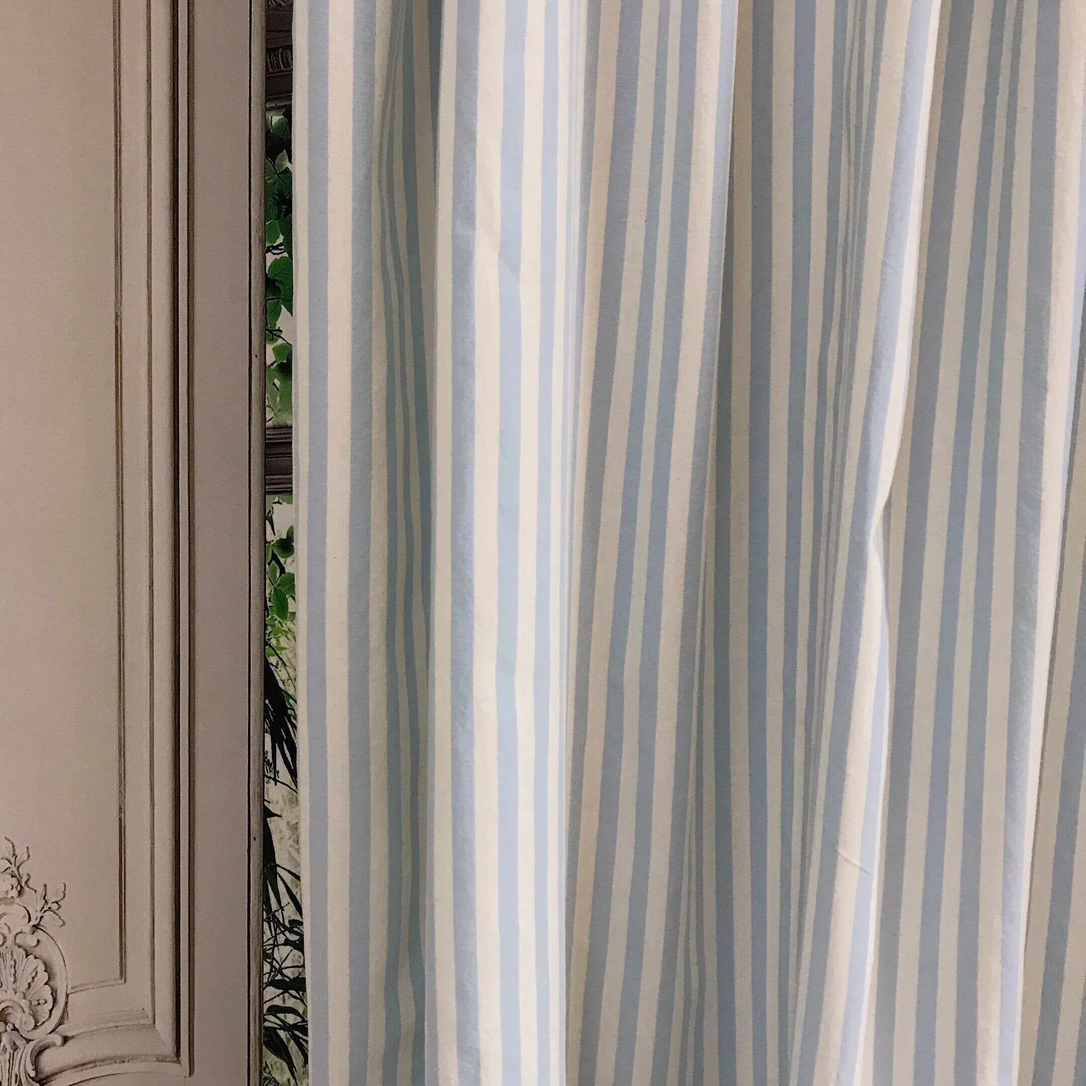 Faded Light Blue Striped Curtain on Ivory