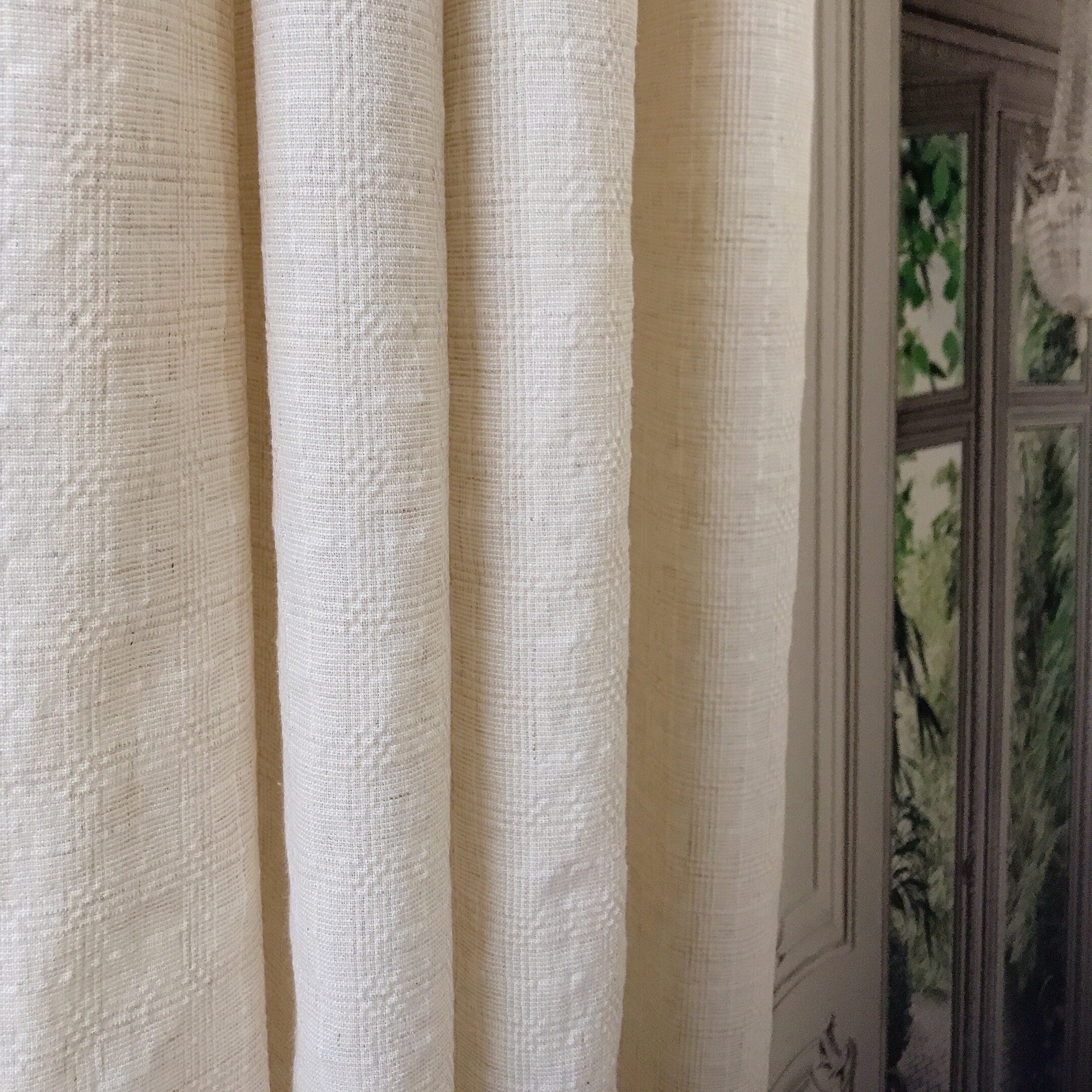 Natural Beige Subtle Grid Textured Linen Blend Curtains