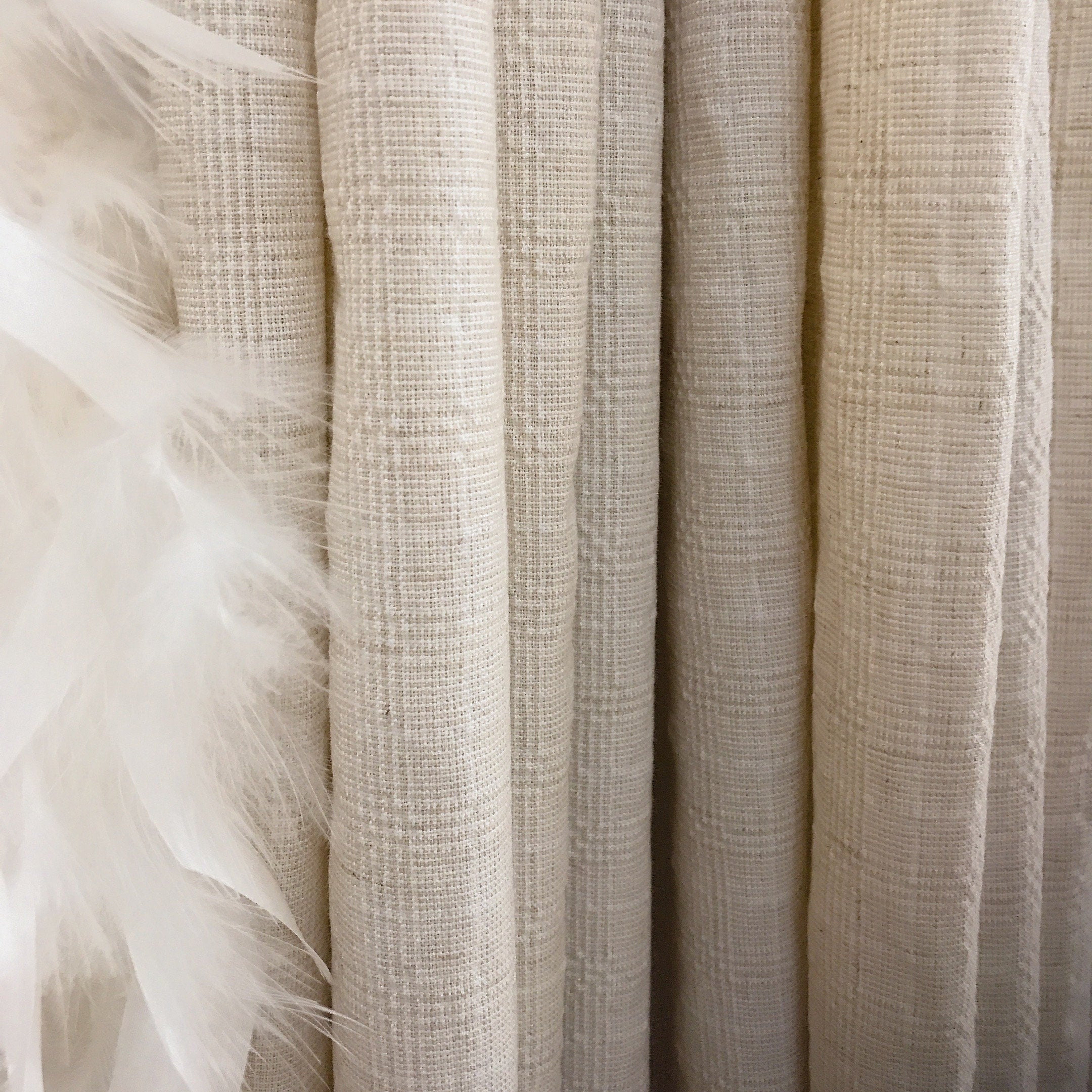 Natural Beige Subtle Grid Textured Linen Blend Curtains