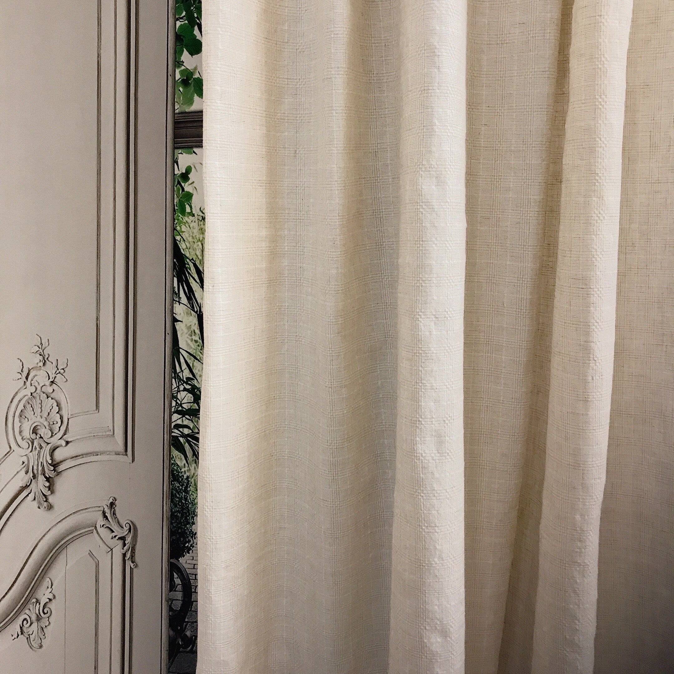 Natural Beige Subtle Grid Textured Linen Blend Curtains