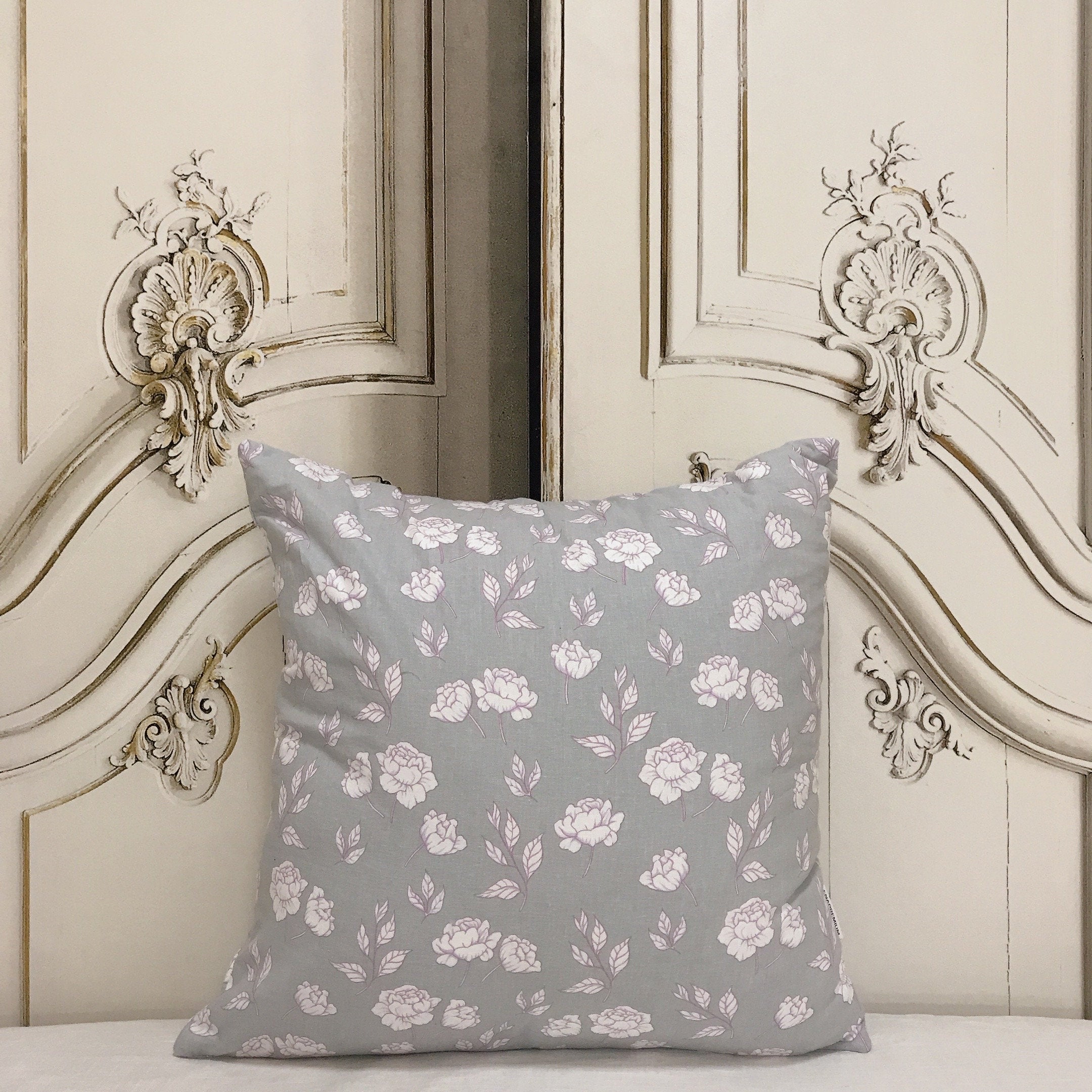 Ivory and Purple Floral Cushion Cover on Soft Grey