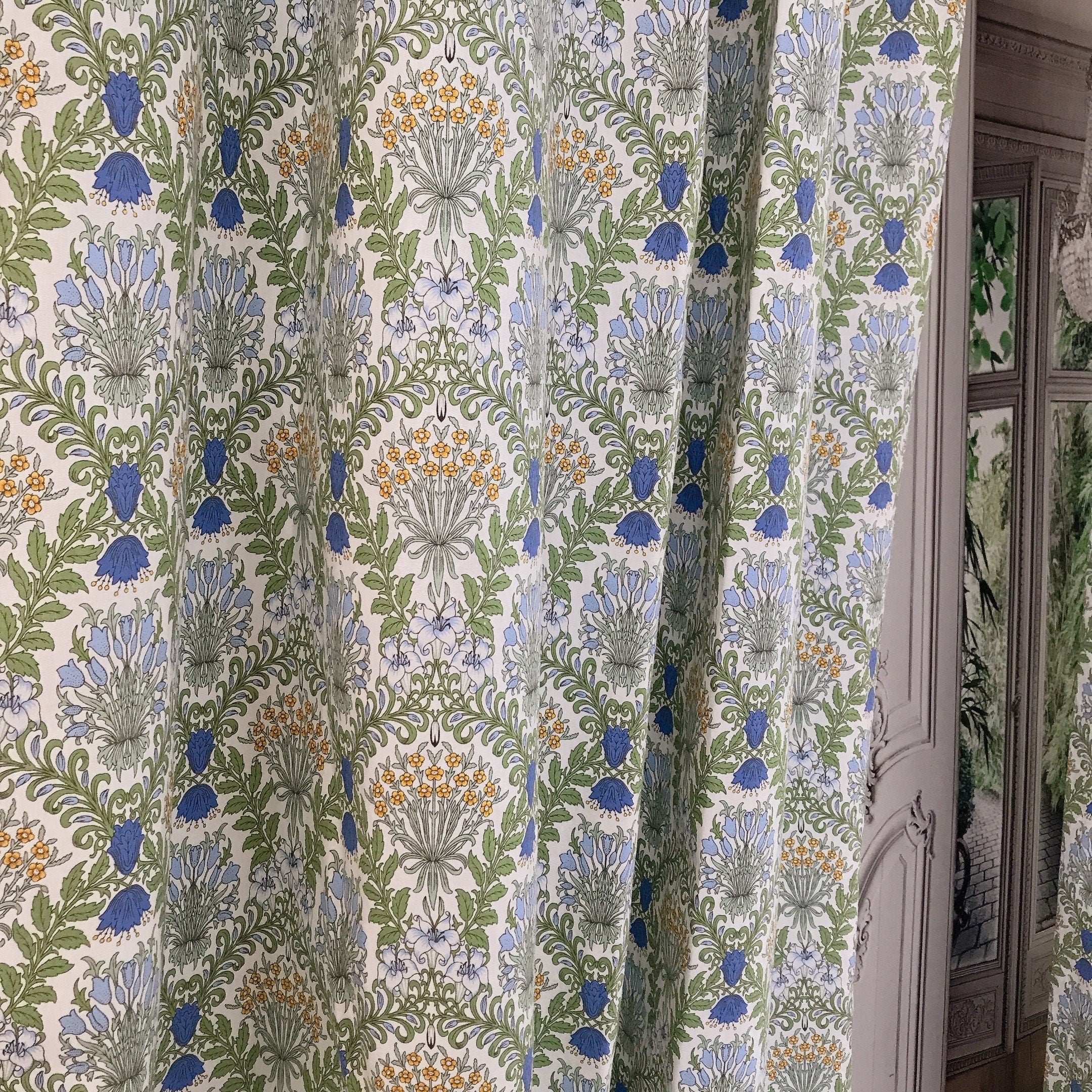 Blue and Mustard Botanical Floral Curtain on Ivory