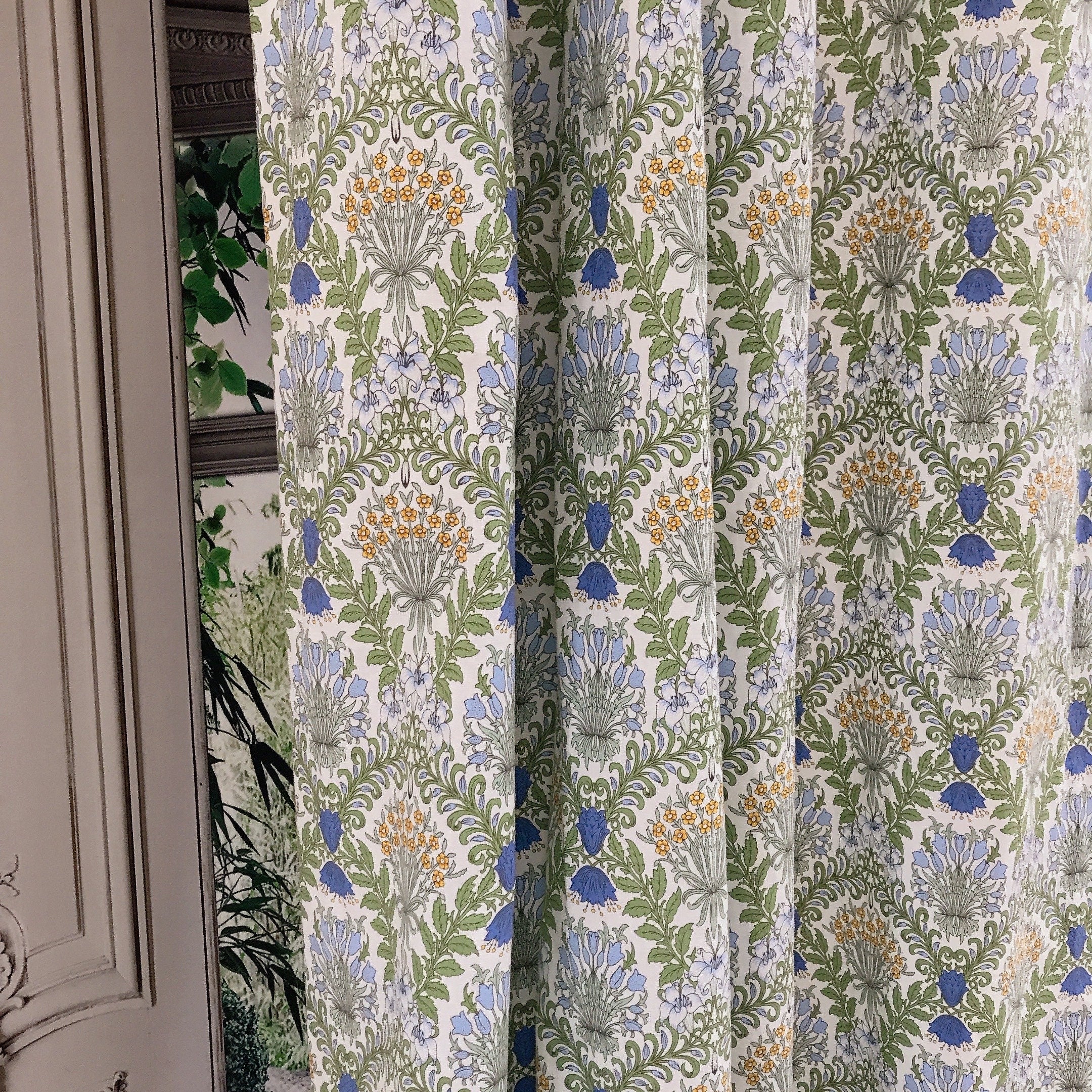 Blue and Mustard Botanical Floral Curtain on Ivory
