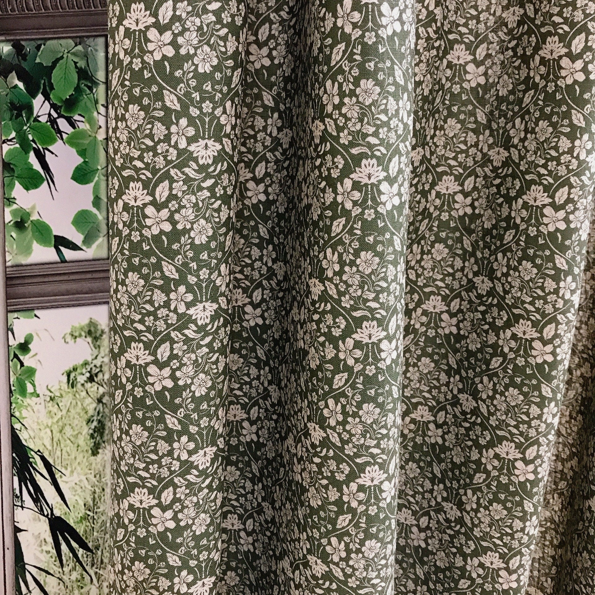 Natural Beige Floral Curtain on Deep Green