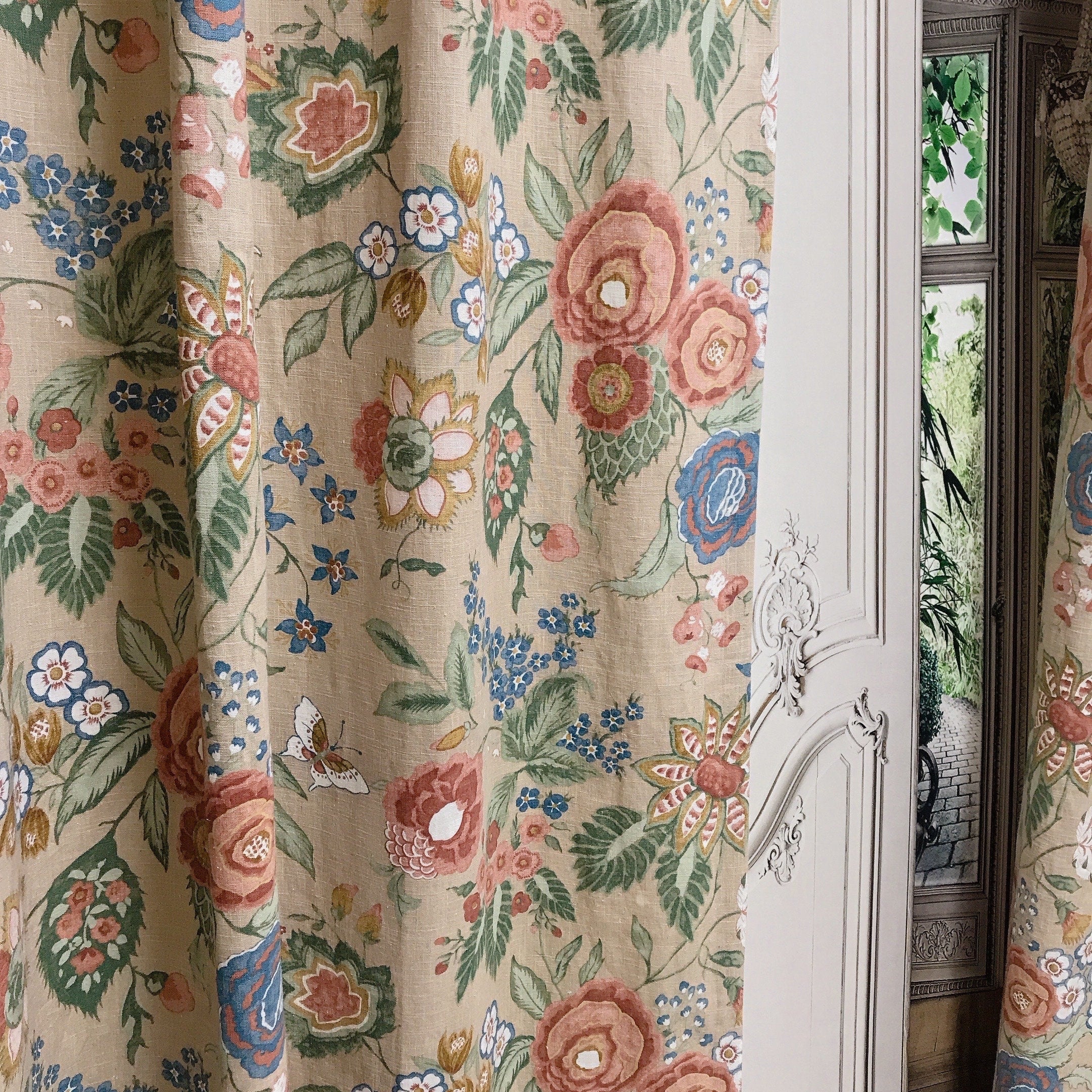 Red Bean Peony and Butterfly Curtain on Natural Beige