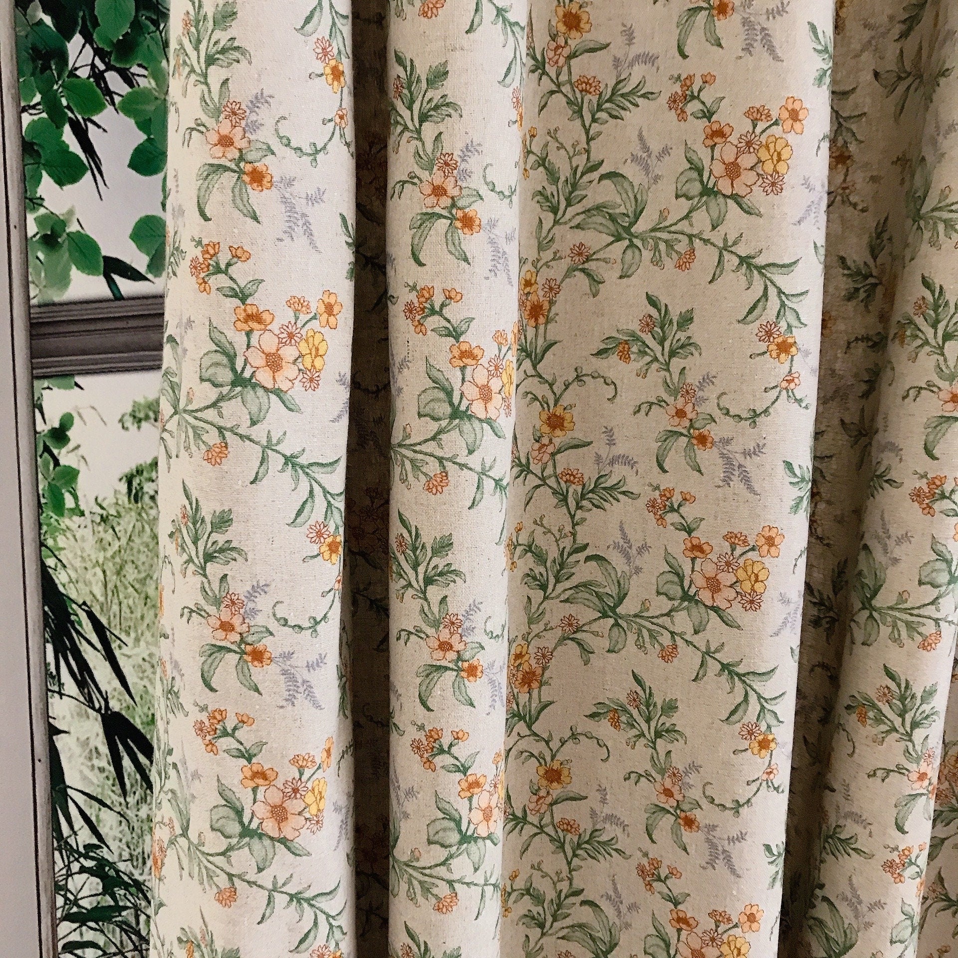 Yellow Floral Sage Leaves Curtain on Natural Beige