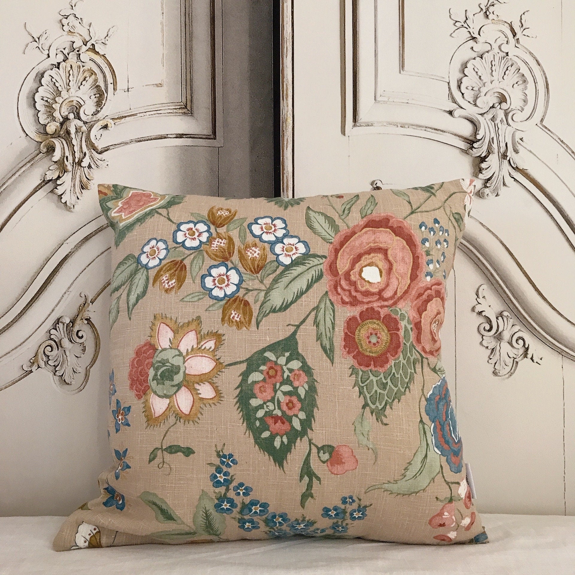 Red Bean Large Peony Butterfly Pillow Cover on Pale Khaki Beige