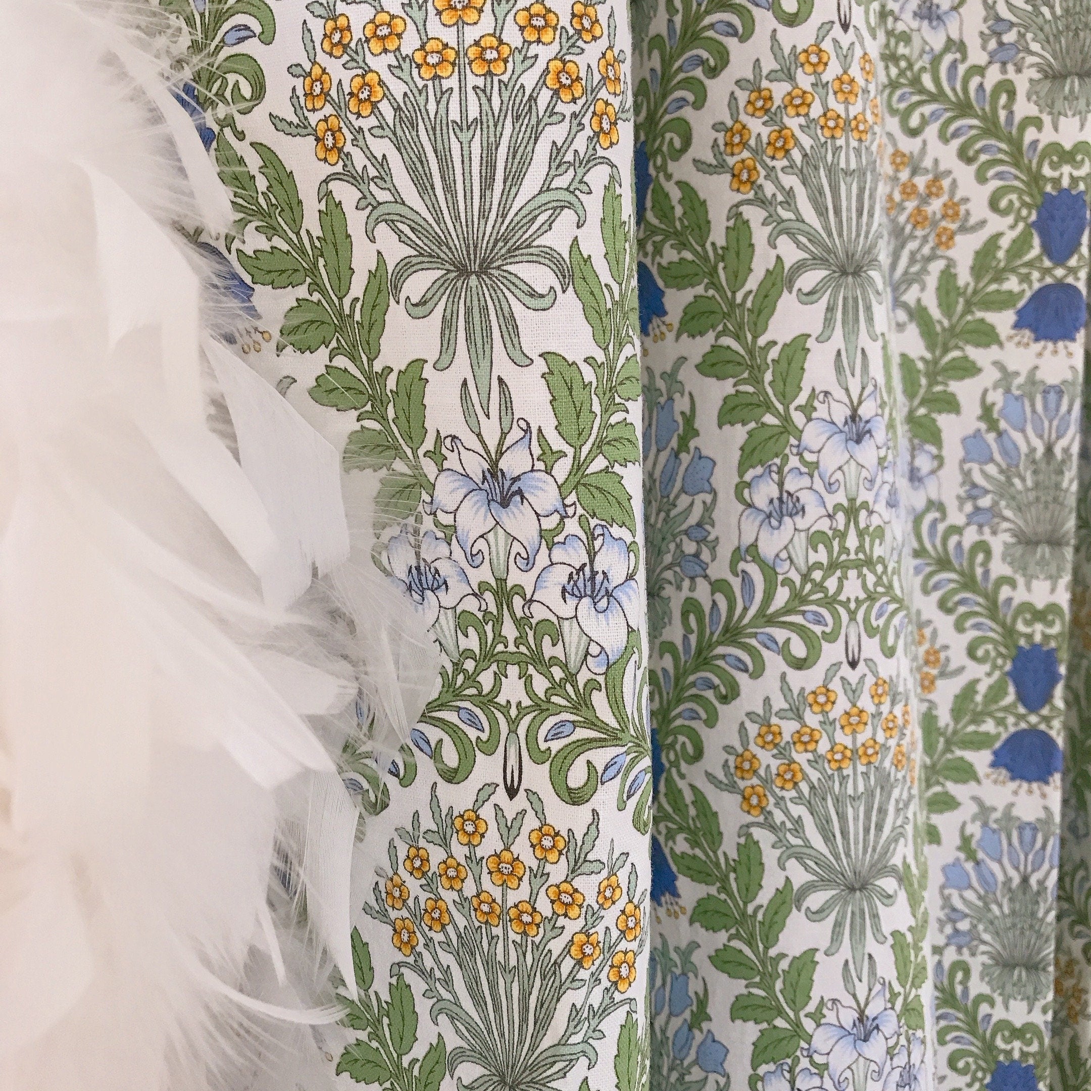 Blue and Mustard Botanical Floral Curtain on Ivory