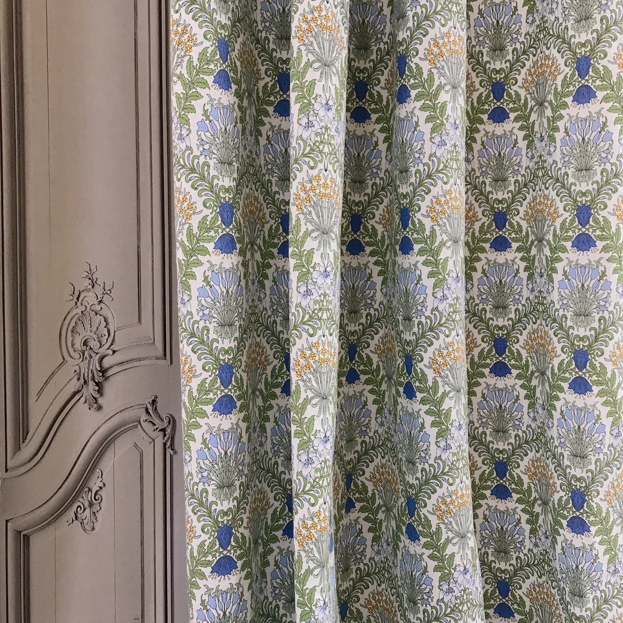 Blue and Mustard Botanical Floral Curtain on Ivory