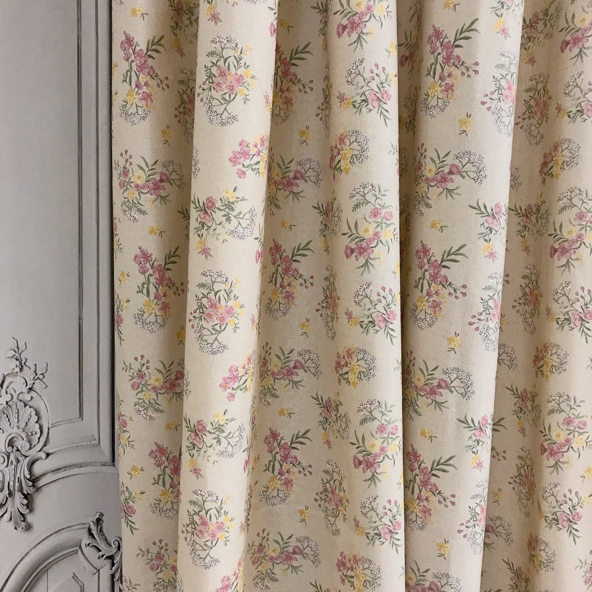 Rosy Pink Floral Curtain on Natural Beige