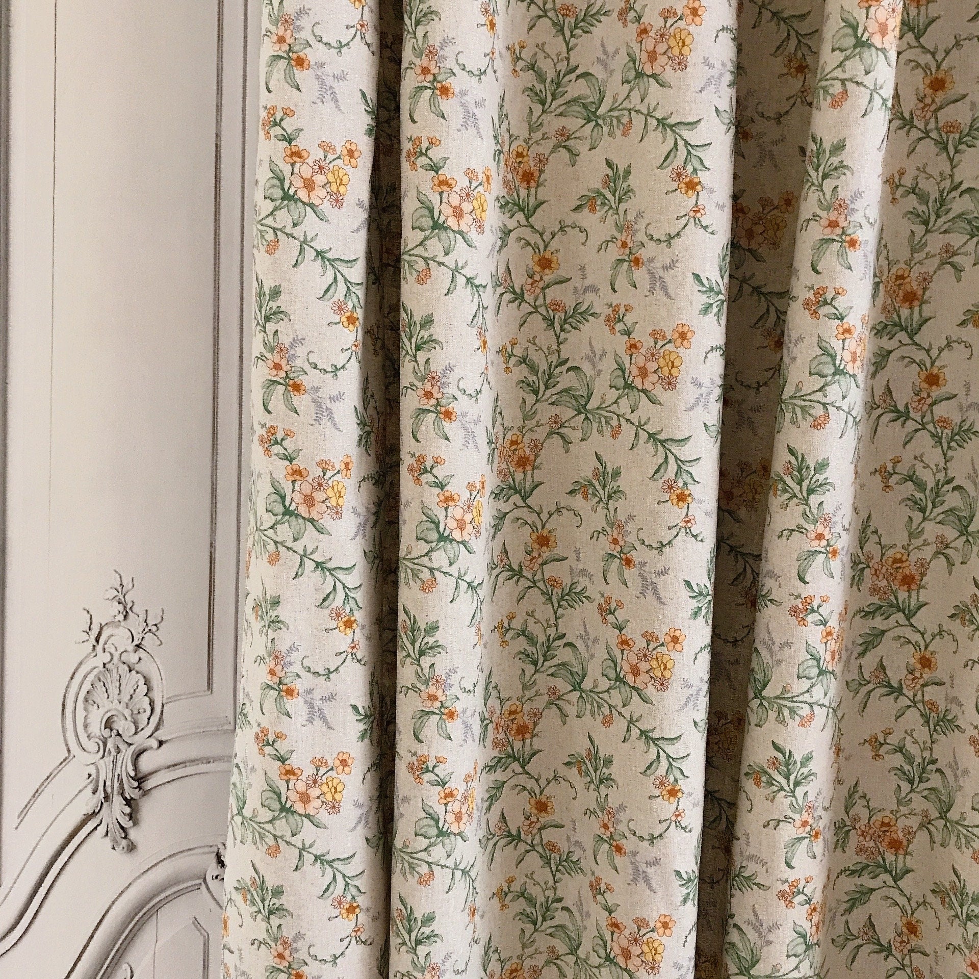 Yellow Floral Sage Leaves Curtain on Natural Beige