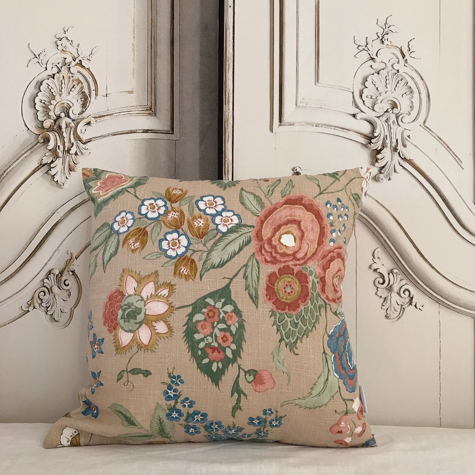 Red Bean Large Peony Butterfly Pillow Cover on Pale Khaki Beige