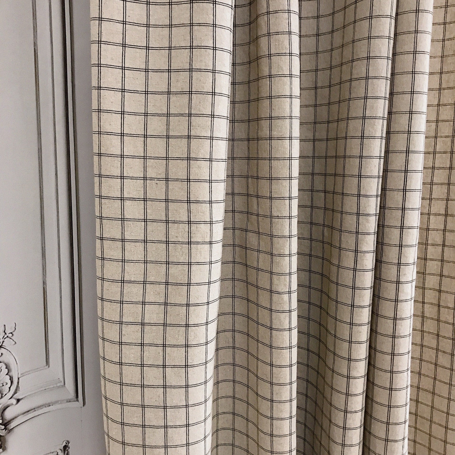 Black Checkerboard Grid Curtain on Natural Beige