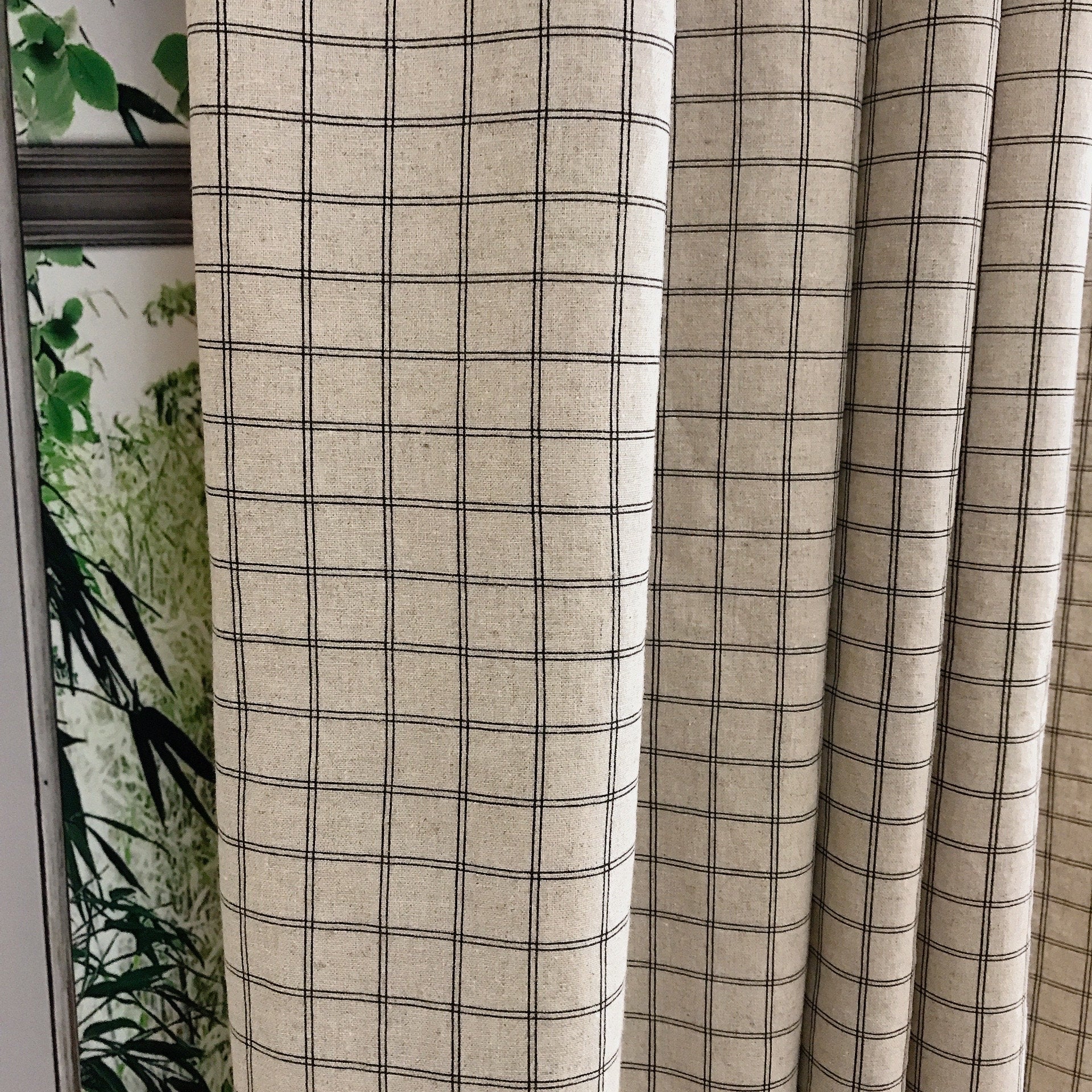 Black Checkerboard Grid Curtain on Natural Beige