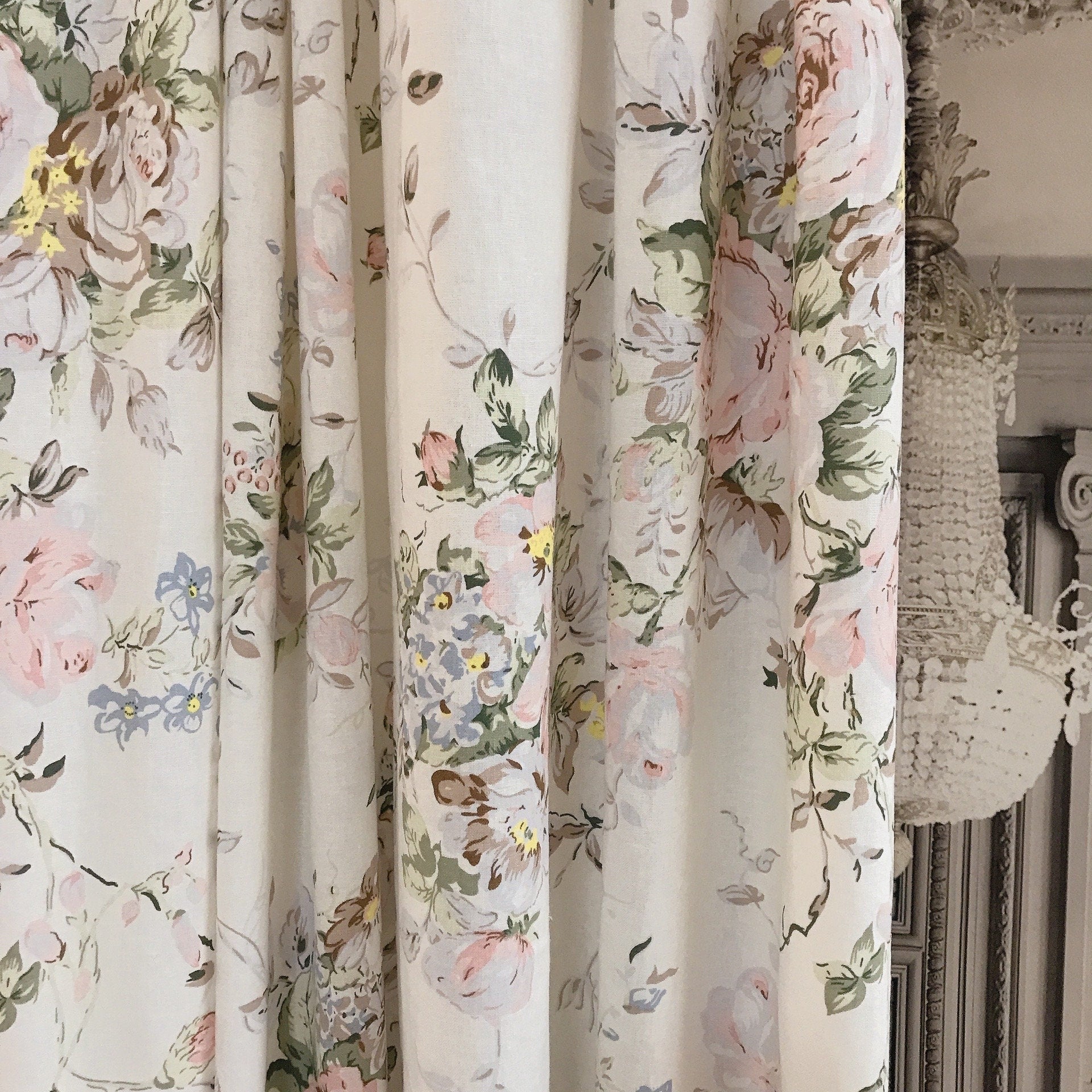 Muted Pink Brown Floral Curtain on White