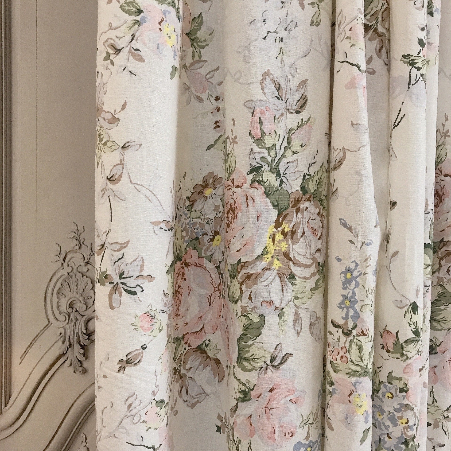 Muted Pink Brown Floral Curtain on White
