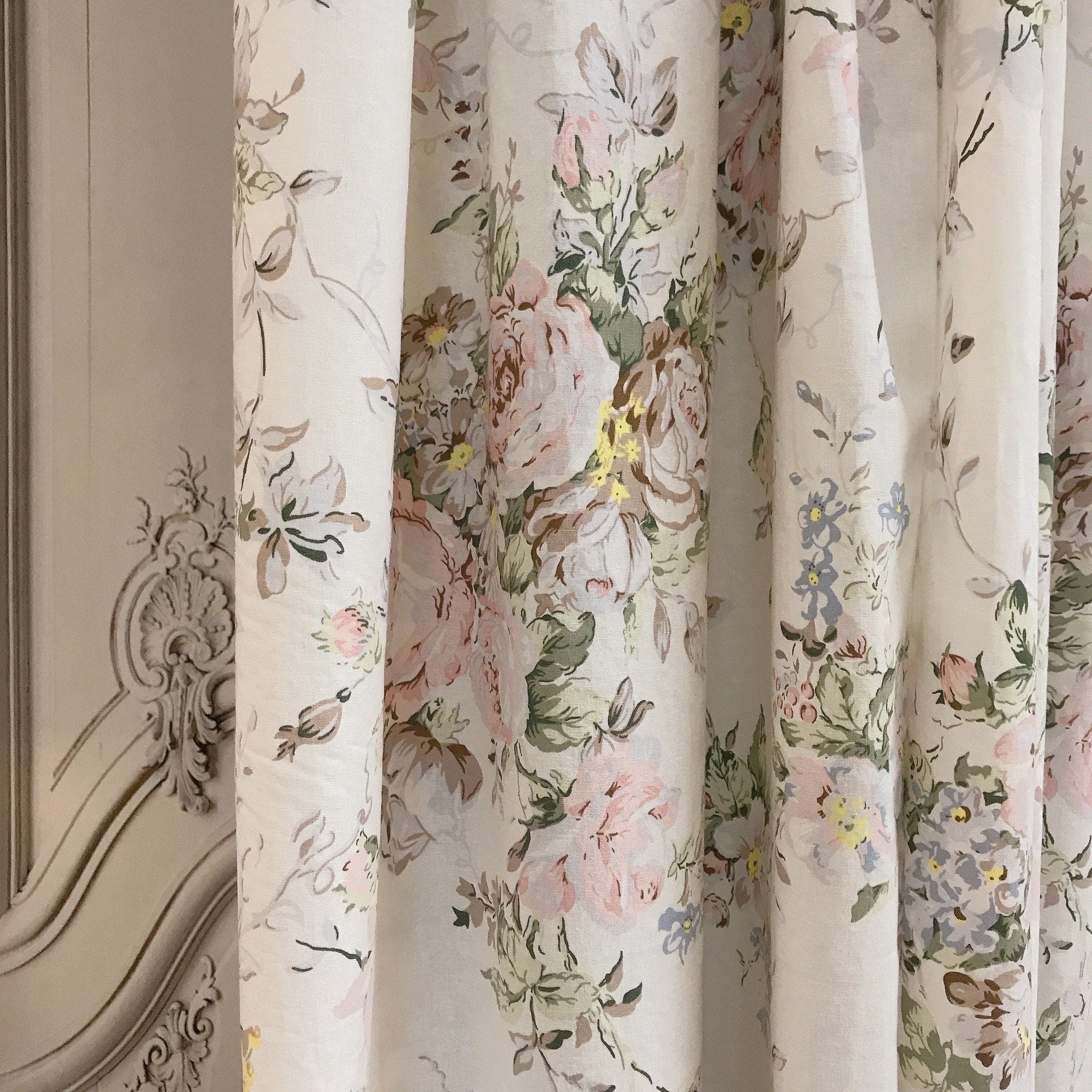 Muted Pink Brown Floral Curtain on White