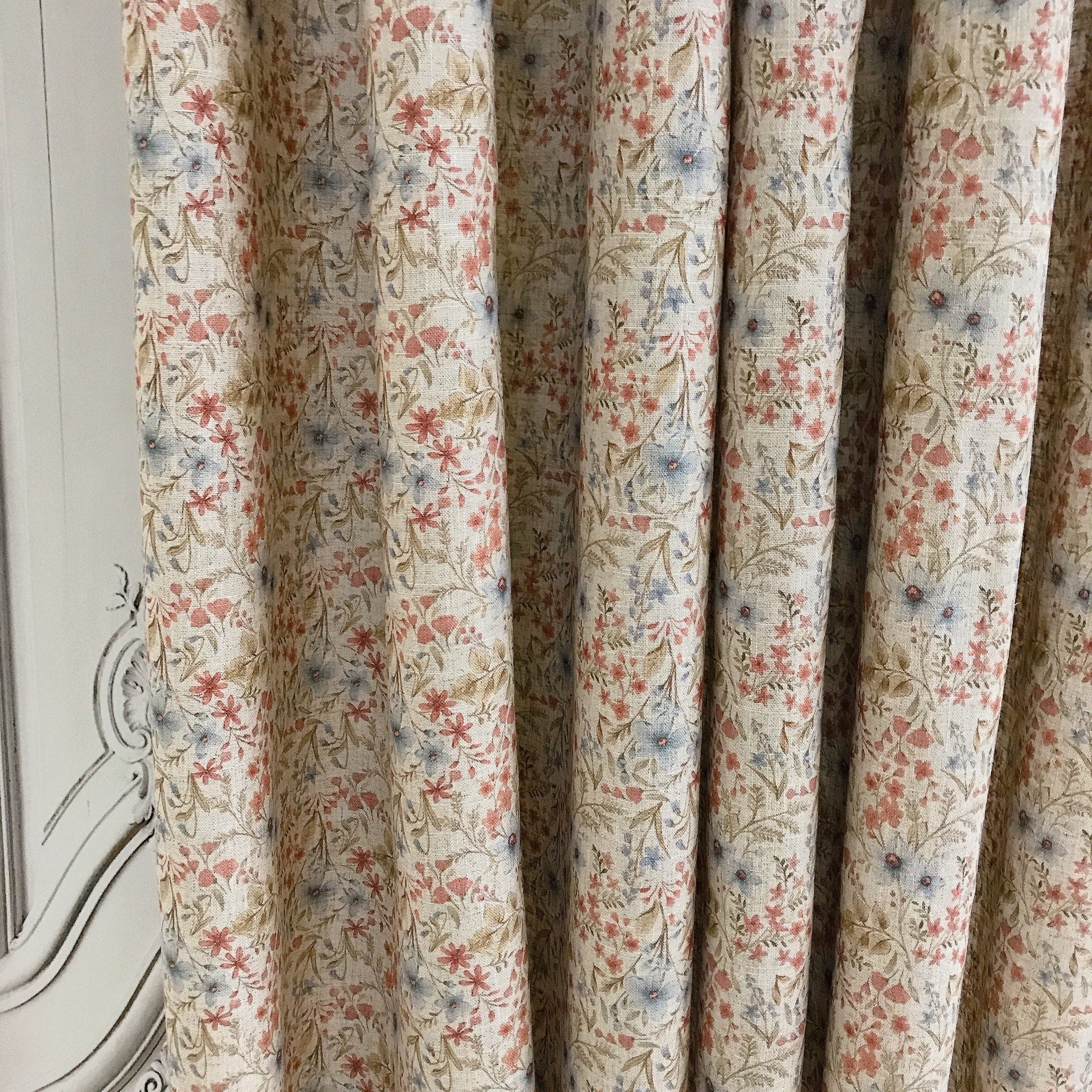 Faded Blue Brick Floral Curtain on Natural Beige