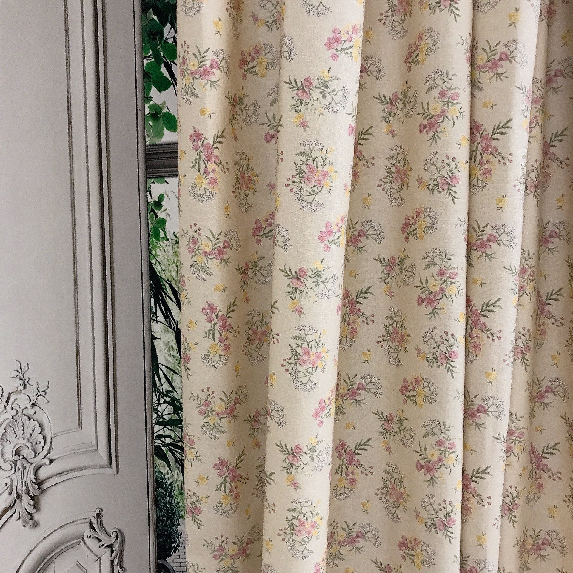 Rosy Pink Floral Curtain on Natural Beige