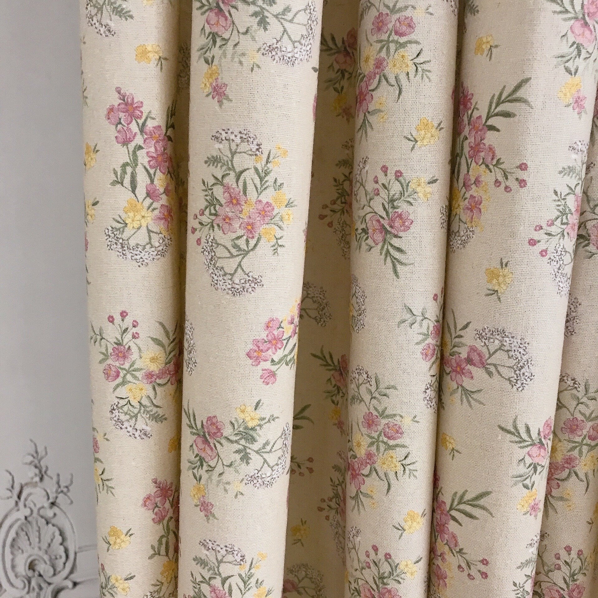 Rosy Pink Floral Curtain on Natural Beige