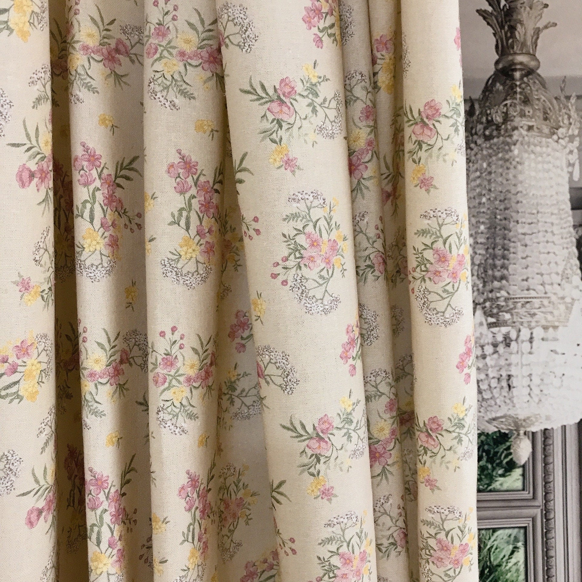 Rosy Pink Floral Curtain on Natural Beige
