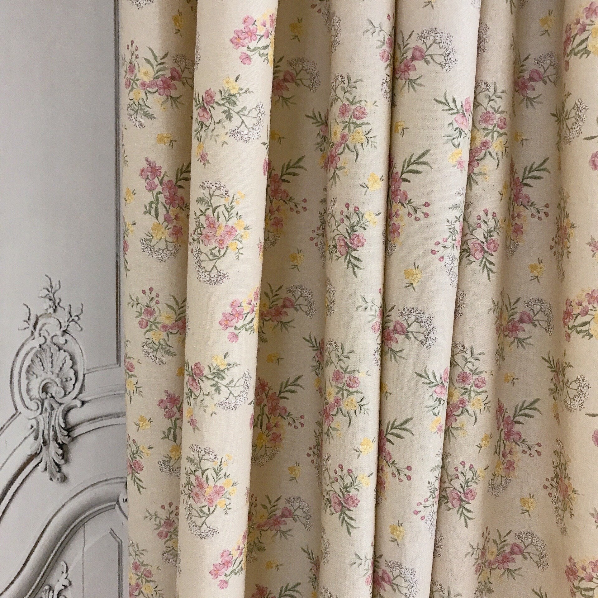 Rosy Pink Floral Curtain on Natural Beige