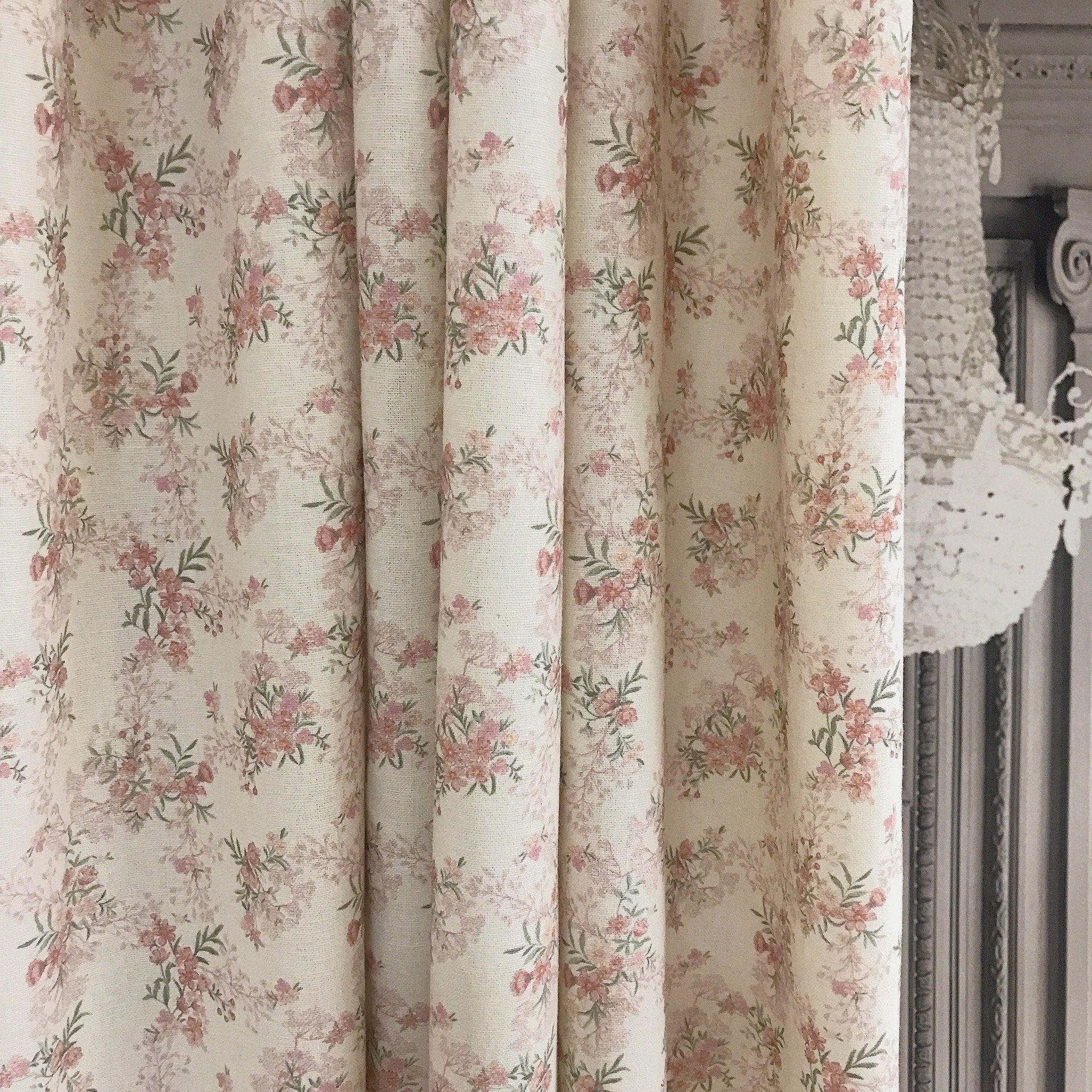 Rosy Pink Tiny Floral Curtain on Natural Beige