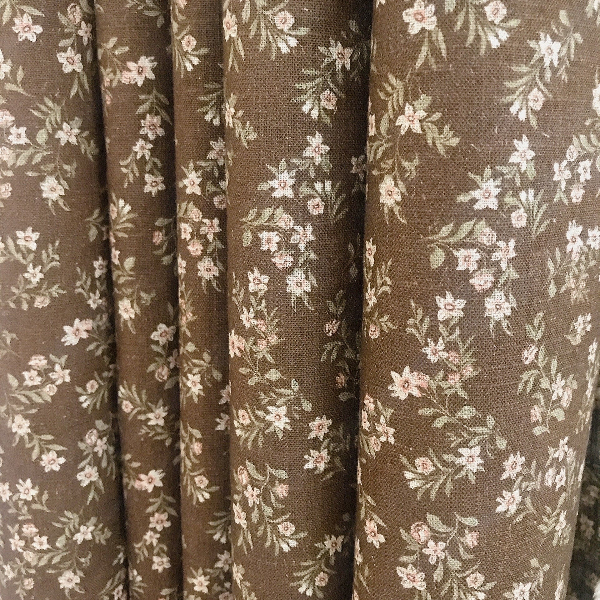 Tiny Pale Pink Floral Curtain on Deep Chocolate Brown