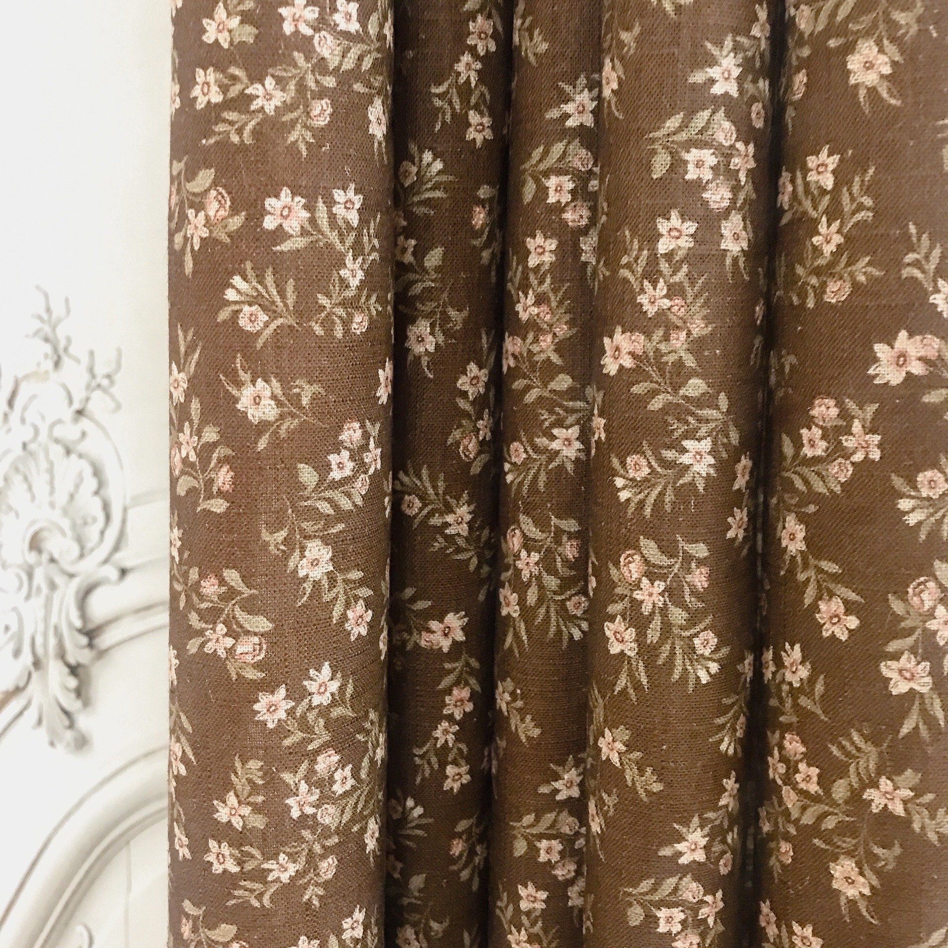 Tiny Pale Pink Floral Curtain on Deep Chocolate Brown