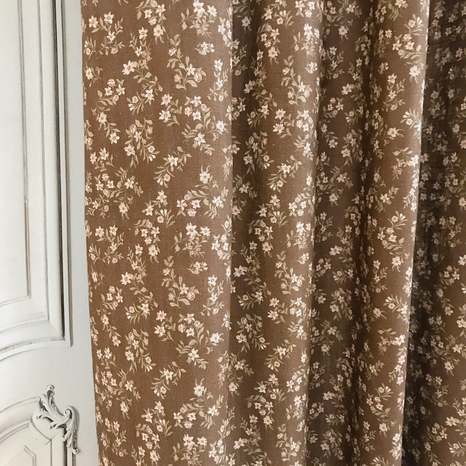 Tiny Pale Pink Floral Curtain on Deep Chocolate Brown
