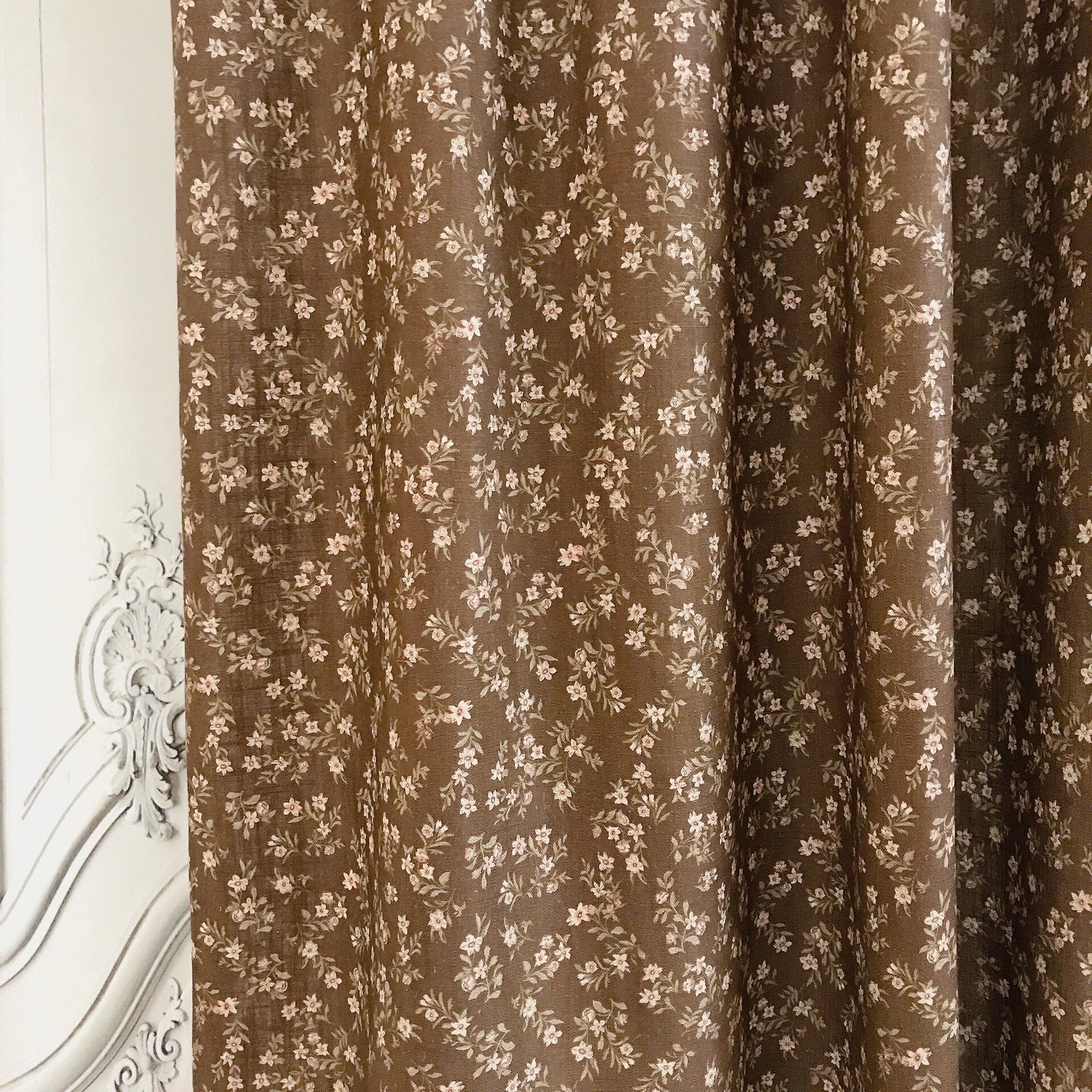 Tiny Pale Pink Floral Curtain on Deep Chocolate Brown