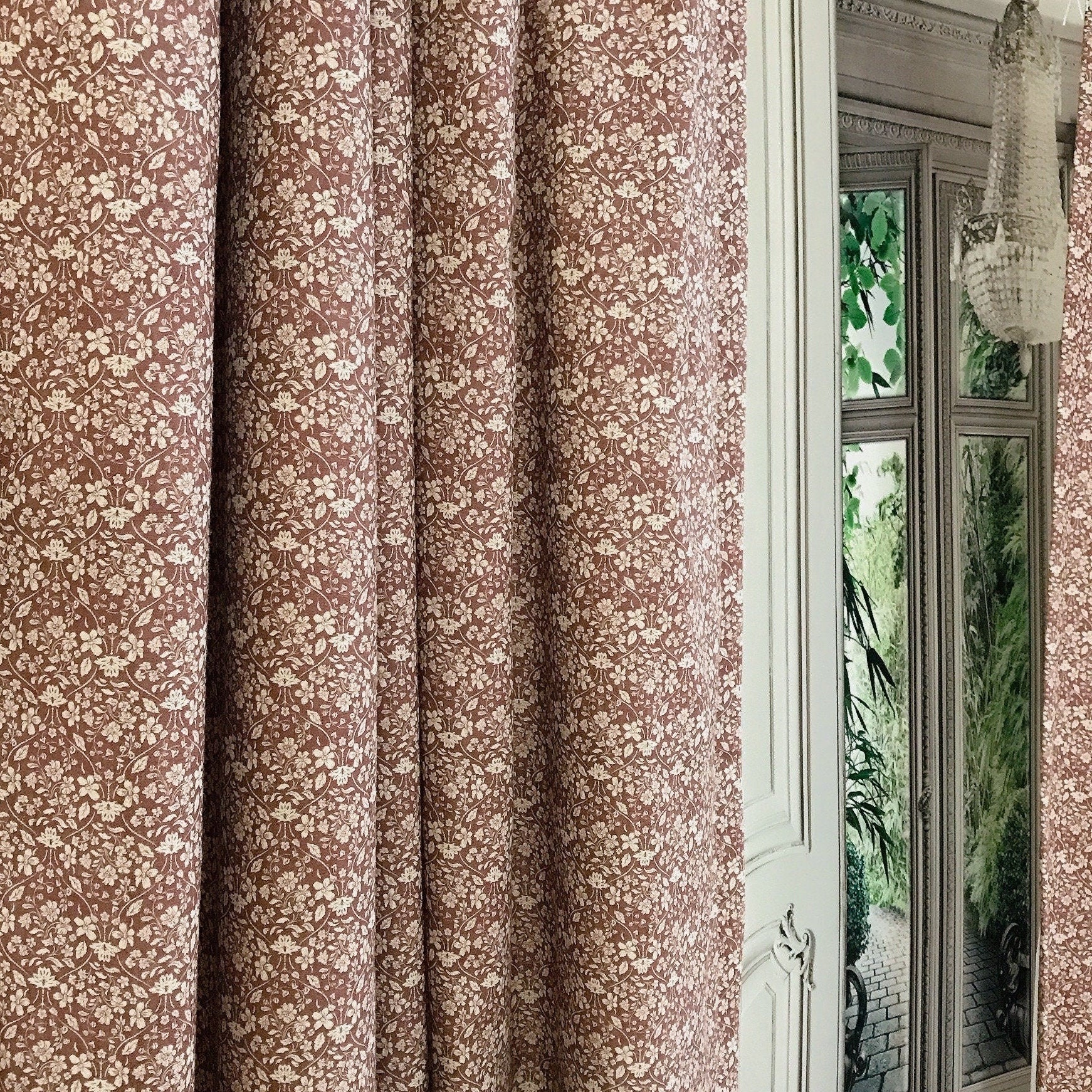 Natural Beige Floral Curtain on Deep Reddish Brown