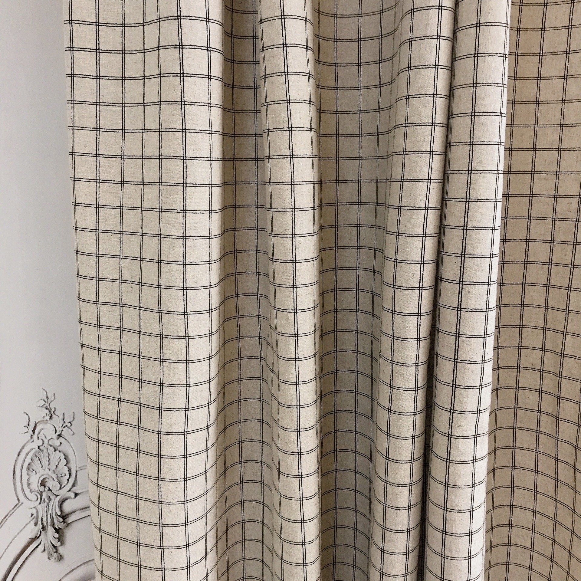 Black Checkerboard Grid Curtain on Natural Beige