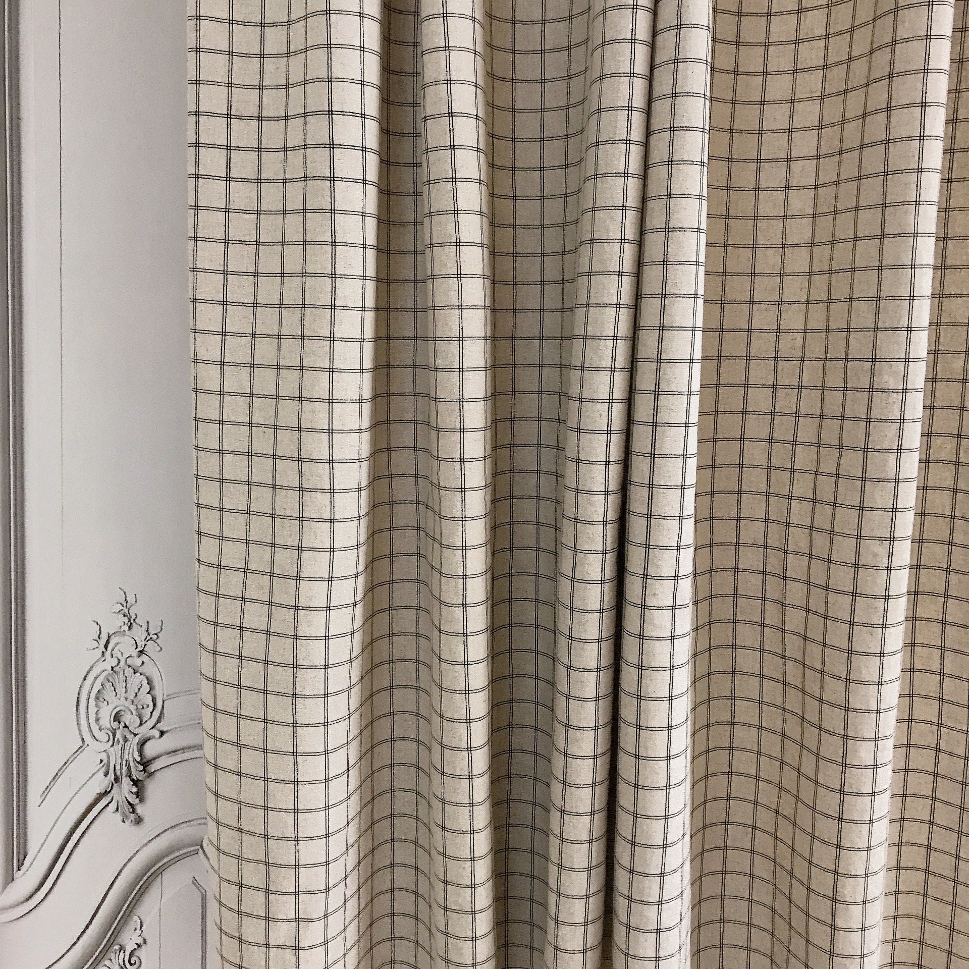 Black Checkerboard Grid Curtain on Natural Beige