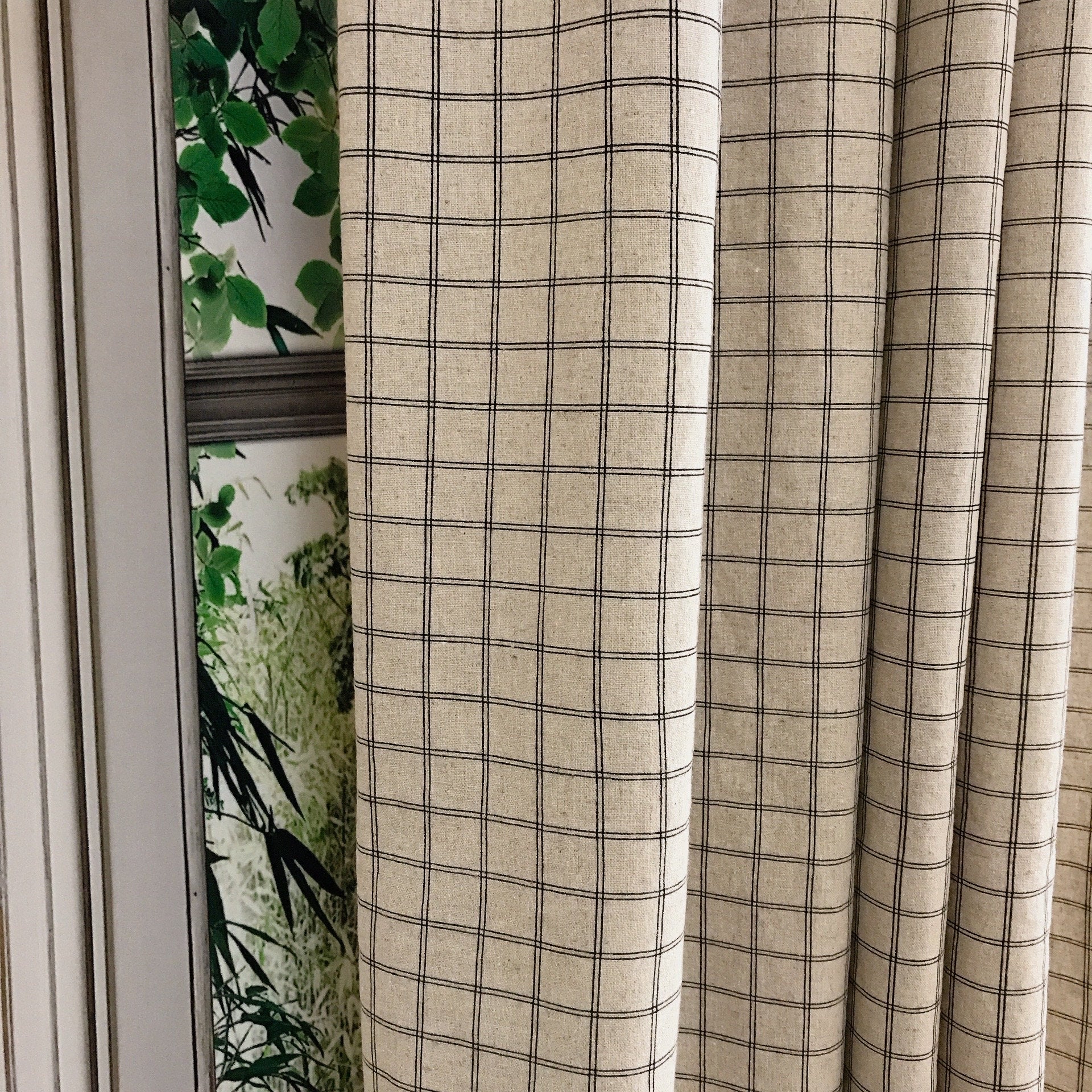 Black Checkerboard Grid Curtain on Natural Beige