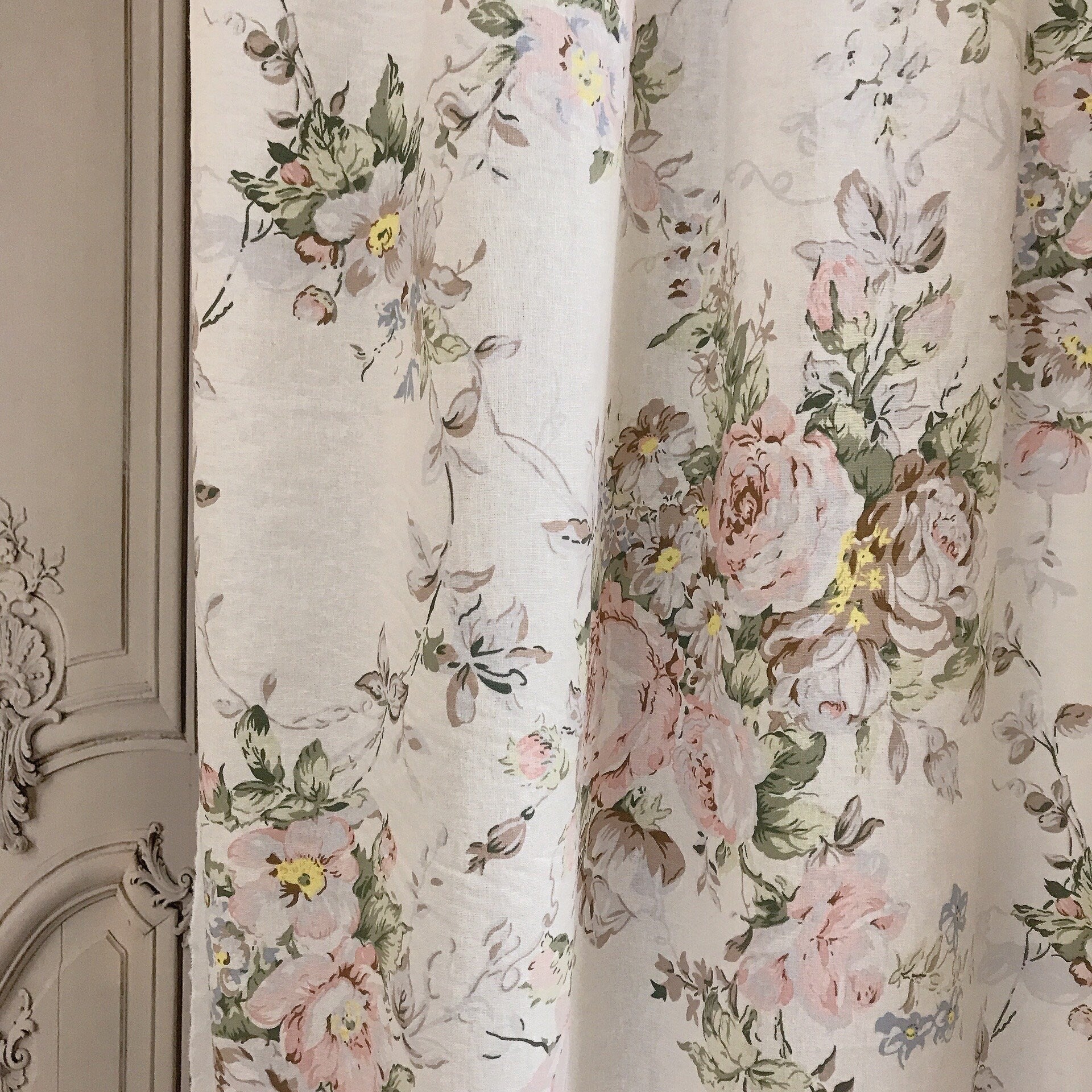 Muted Pink Brown Floral Curtain on White