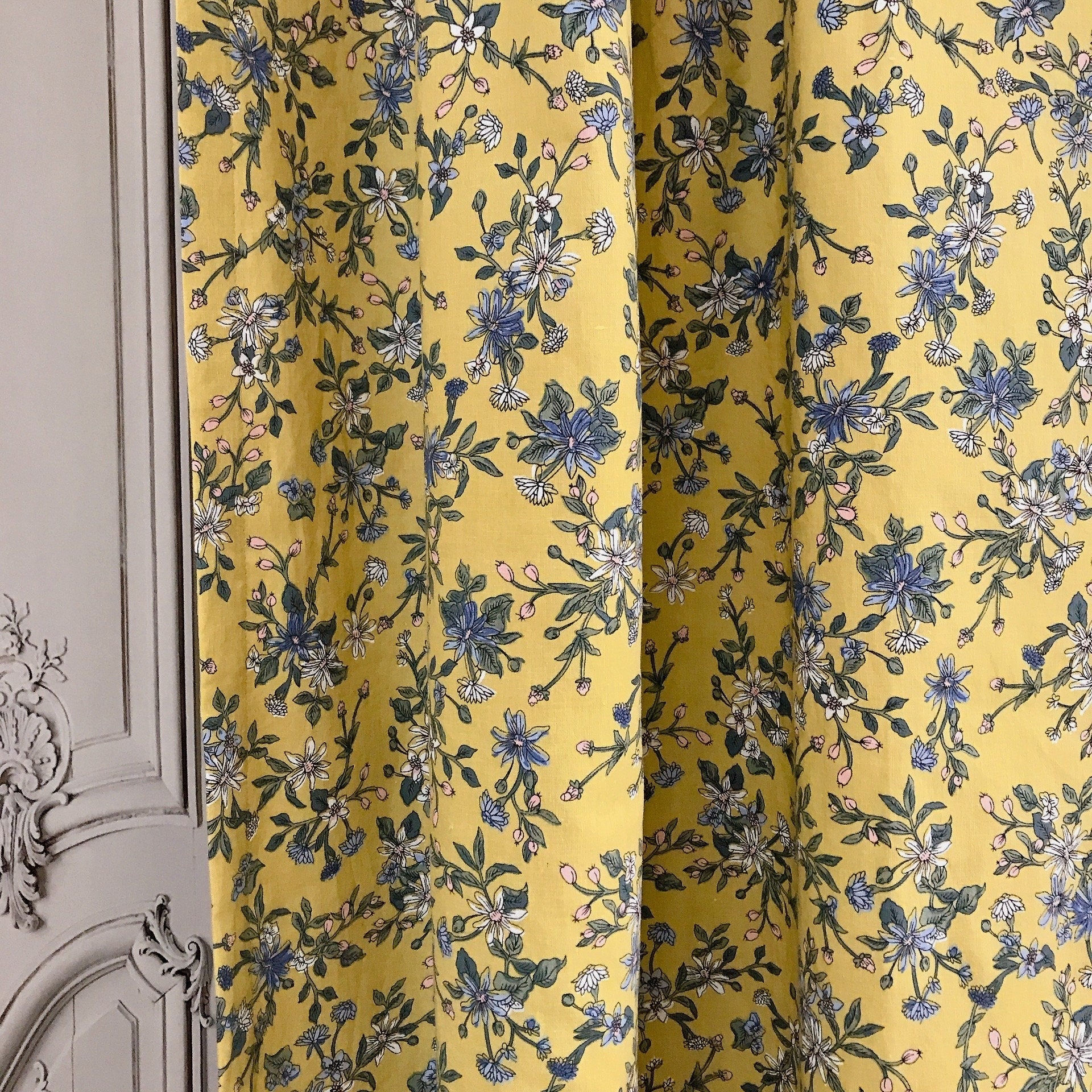 Hand-Drawn Floral Curtain in Multicolor on Mustard Yellow
